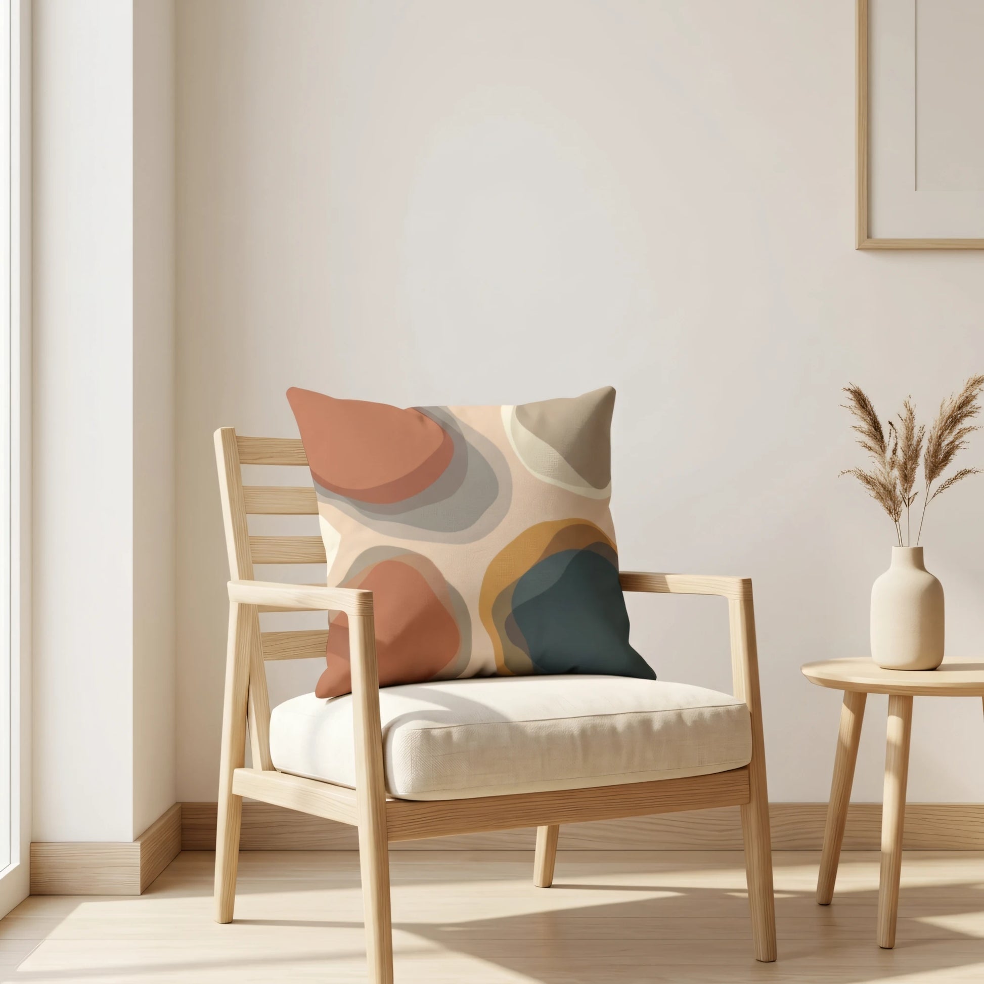 Minimalist decorative cushion with abstract organic shapes in terracotta and teal on a wooden chair in a bright, modern living room.