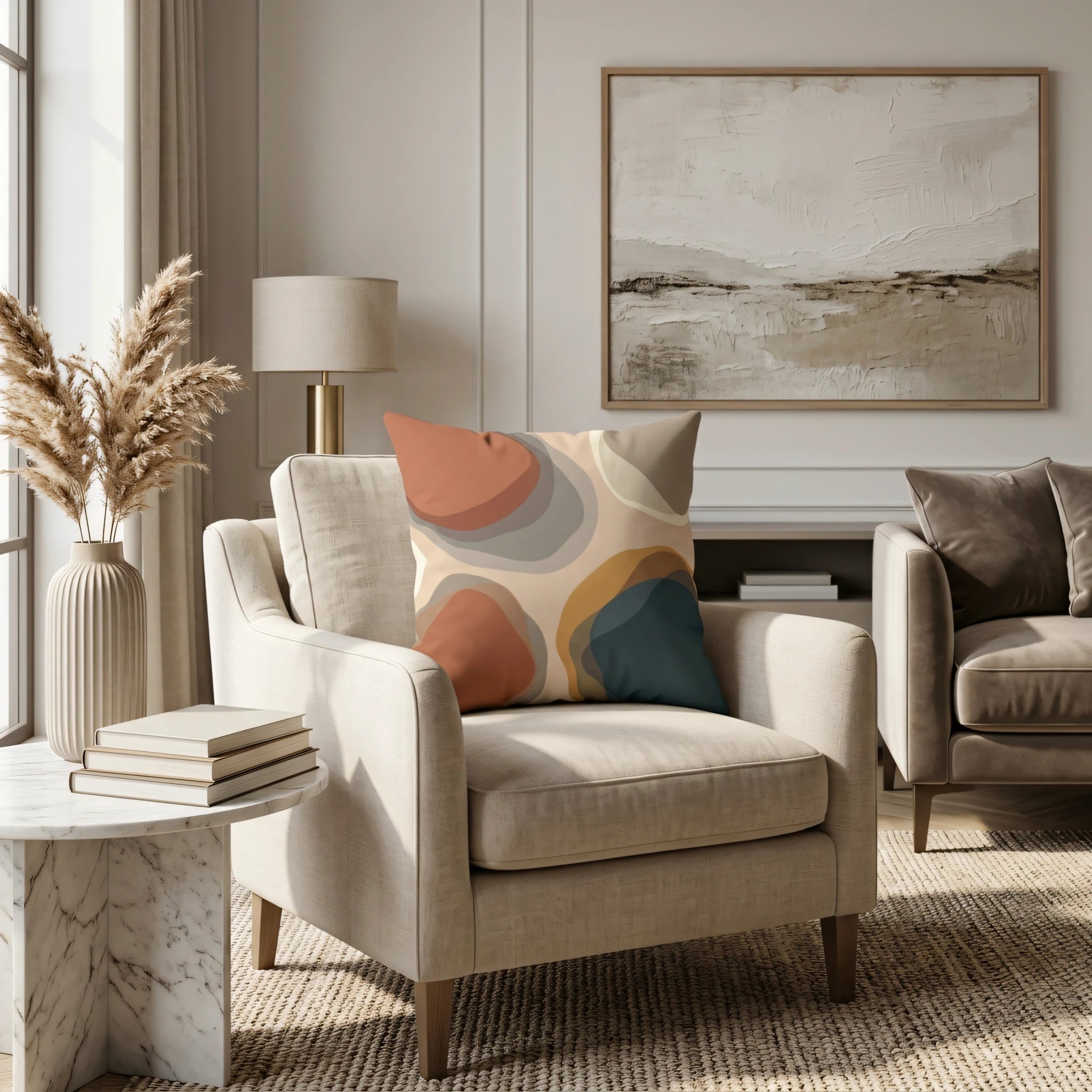 Abstract pattern throw pillow featuring earthy organic shapes on a beige armchair in a modern, neutral-toned living room lifestyle scene.