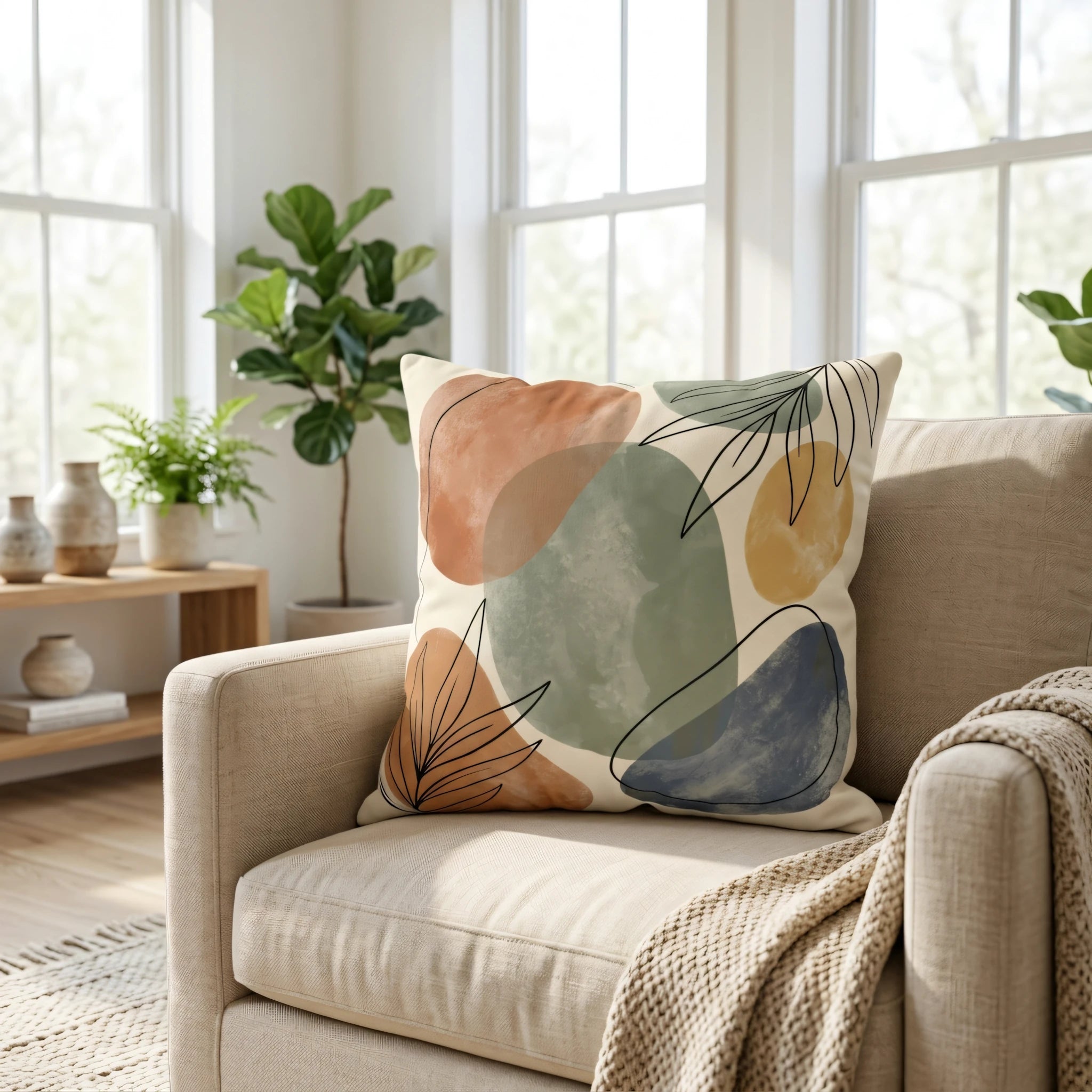 Modern abstract pillow with terracotta and sage green shapes on a beige armchair in a bright, sunlit living room with lush green plants.