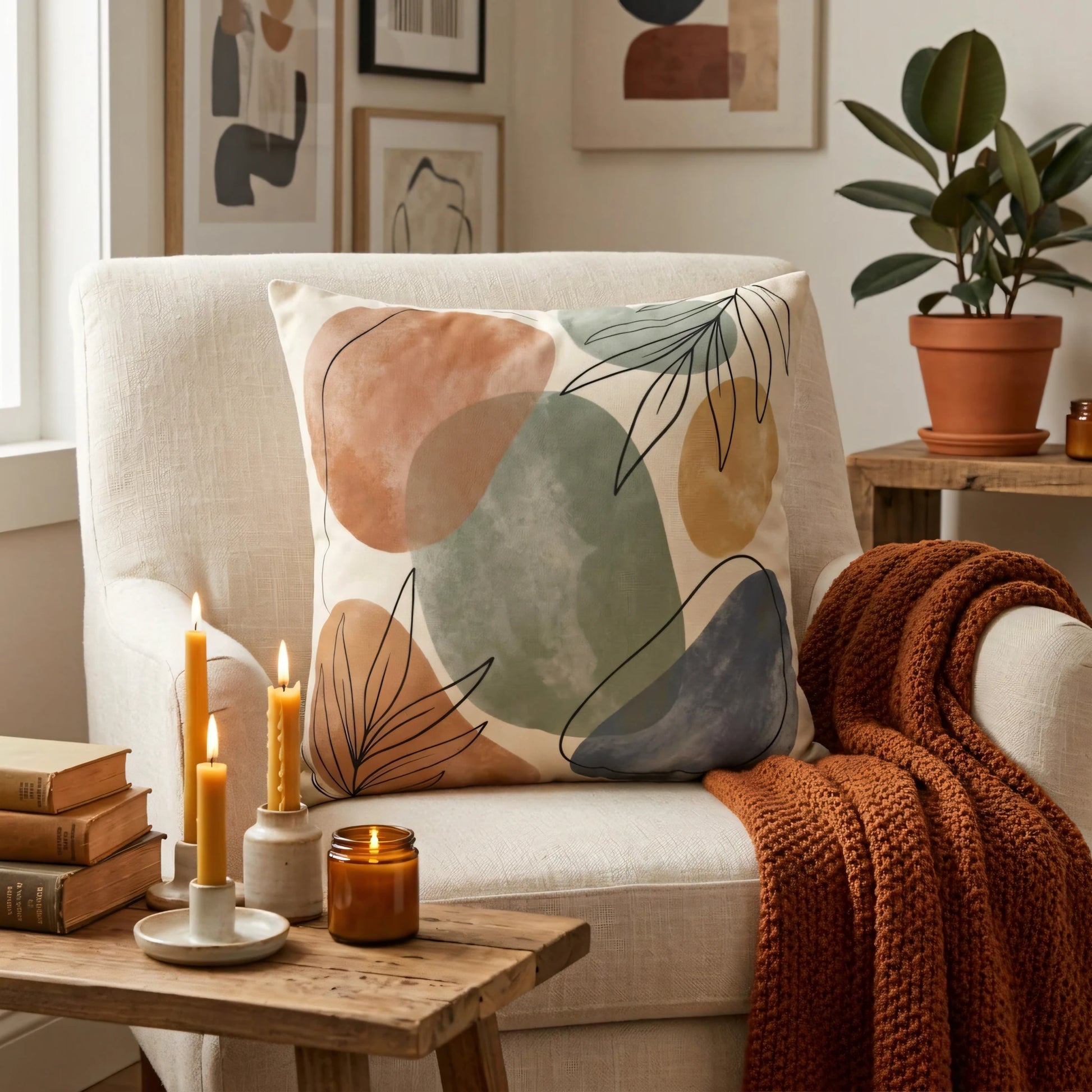 Abstract cushion featuring terracotta and sage organic shapes on a white armchair in a cozy, candle-lit living room setting.