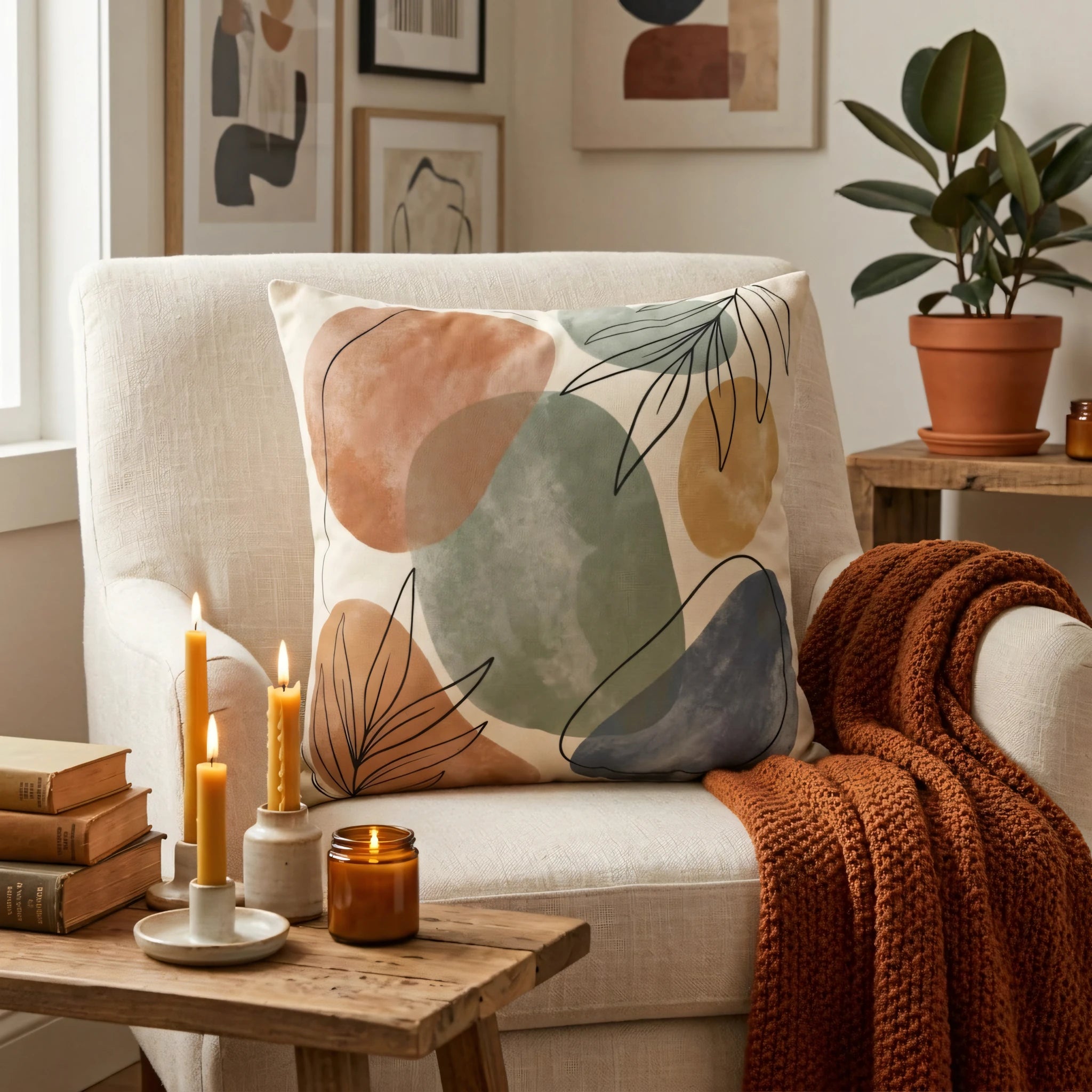 Abstract cushion featuring terracotta and sage organic shapes on a white armchair in a cozy, candle-lit living room setting.
