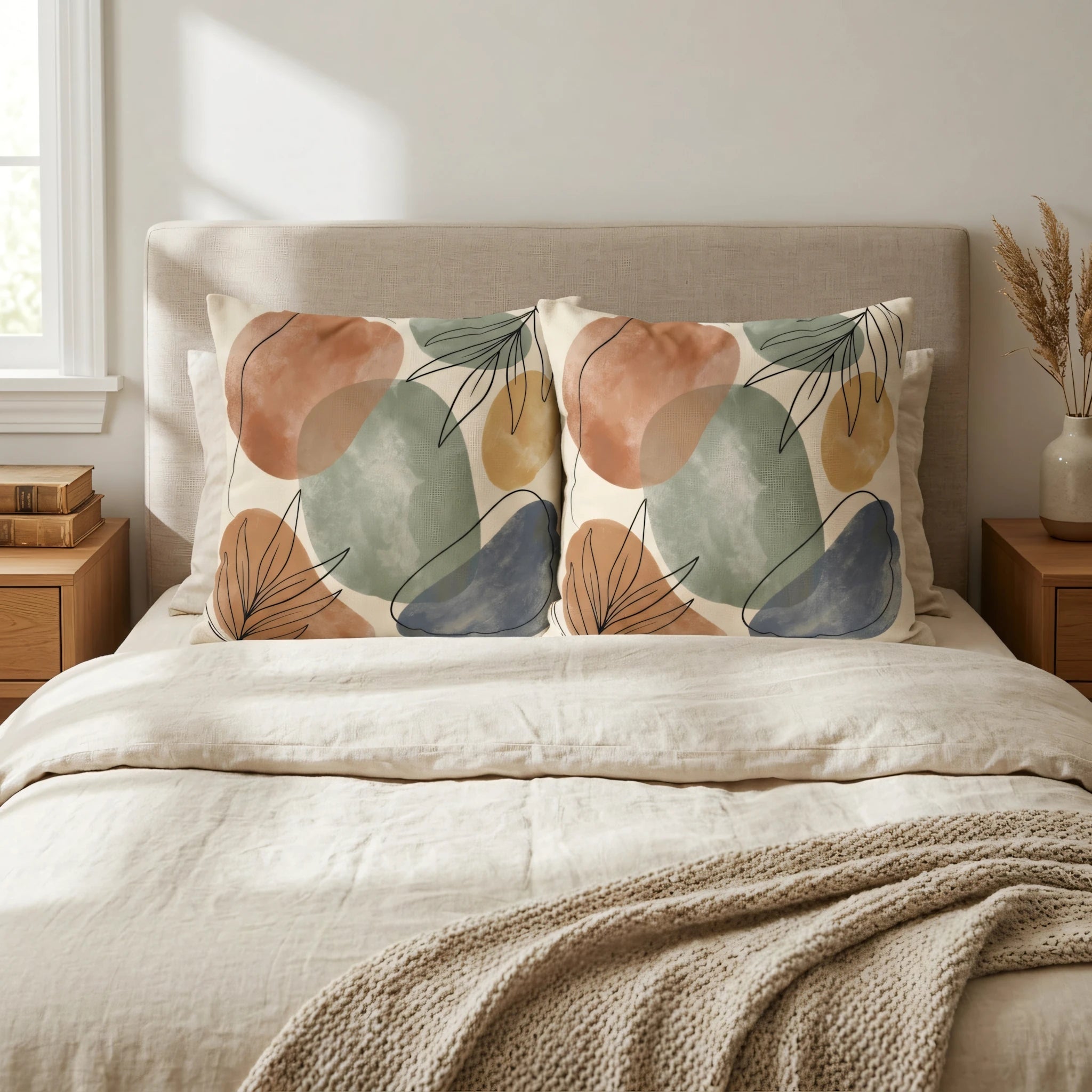Pair of decorative cushions featuring terracotta and sage green abstract patterns on a bed with neutral linens and a beige headboard.