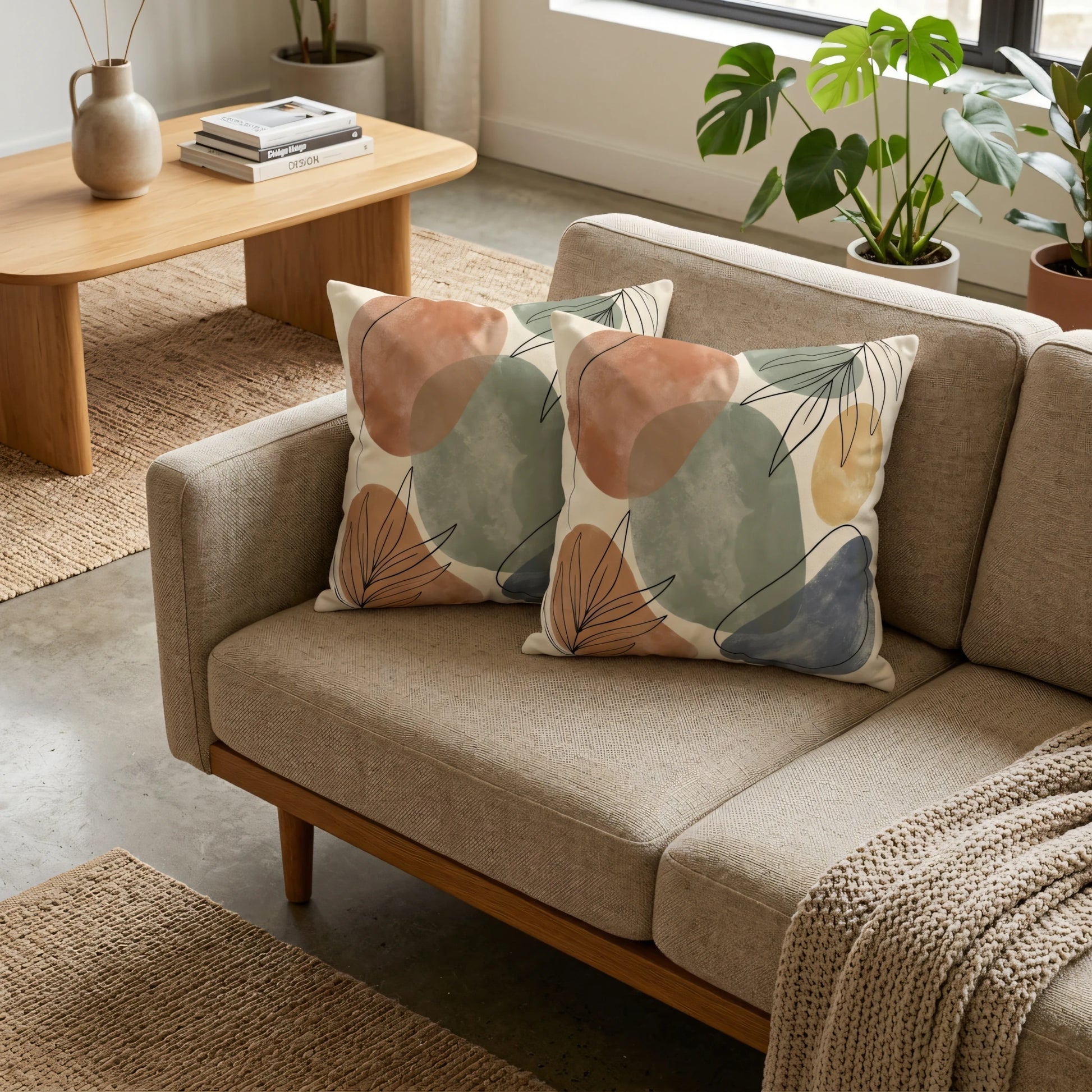 Set of two decorative pillows with abstract earthy shapes and leaf line art on a beige sofa in a bright, modern living room.