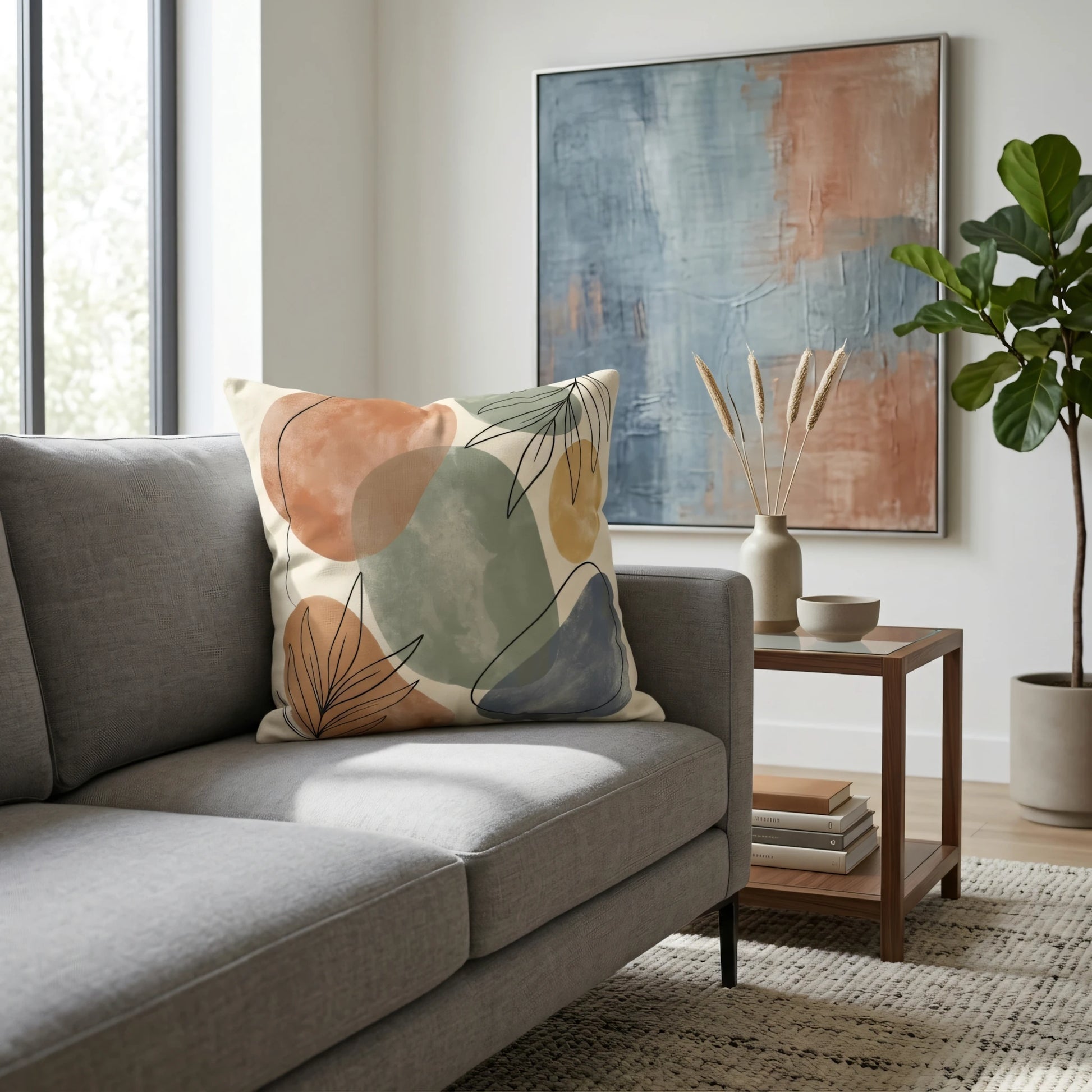 Modern abstract cushion with terracotta and sage green shapes on a grey sofa in a bright, minimalist living room setting.