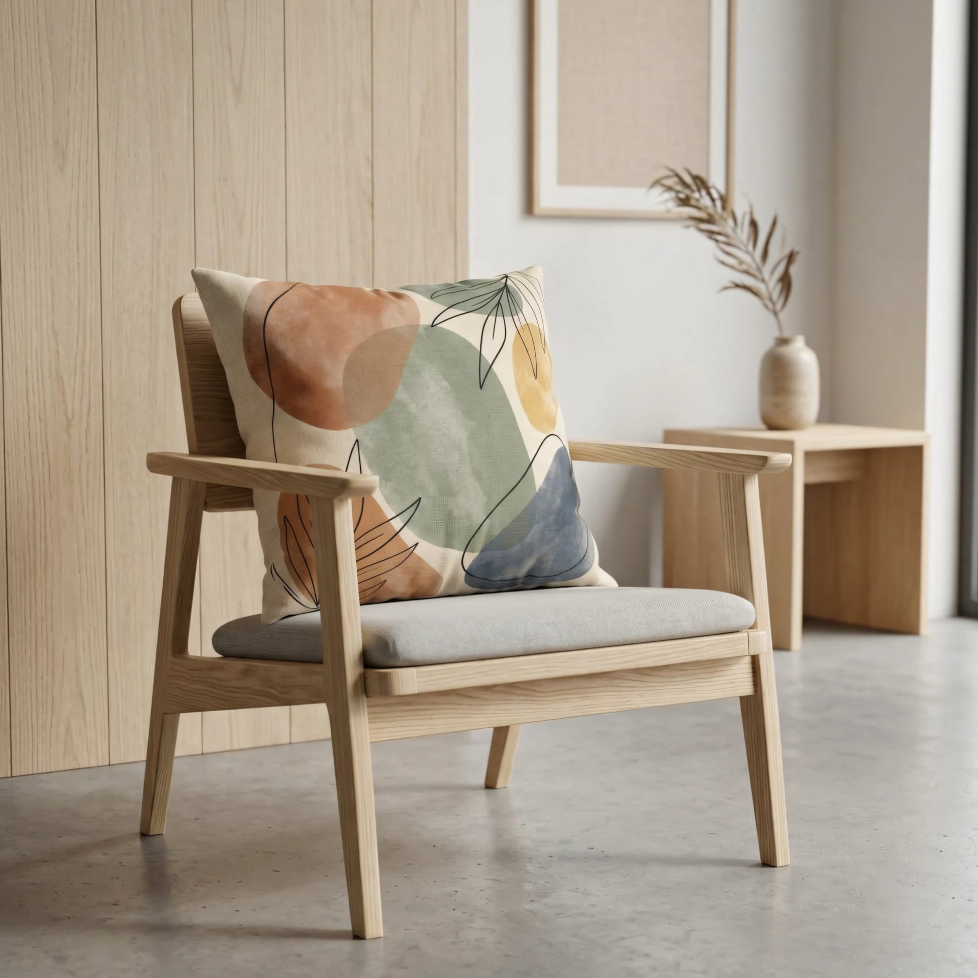 Abstract patterned cushion with earthy watercolor shapes and leaf art on a wooden armchair in a minimalist room with natural decor.