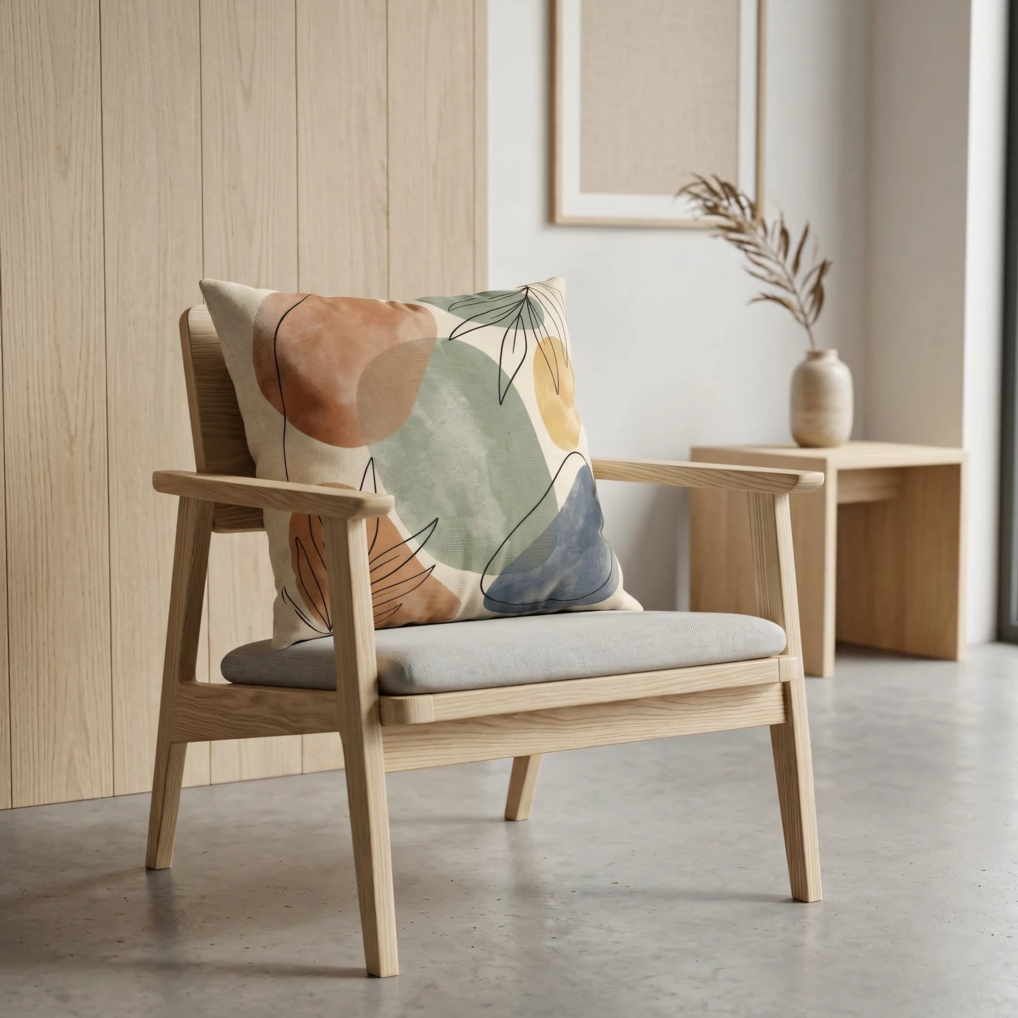 Abstract patterned cushion with earthy watercolor shapes and leaf art on a wooden armchair in a minimalist room with natural decor.