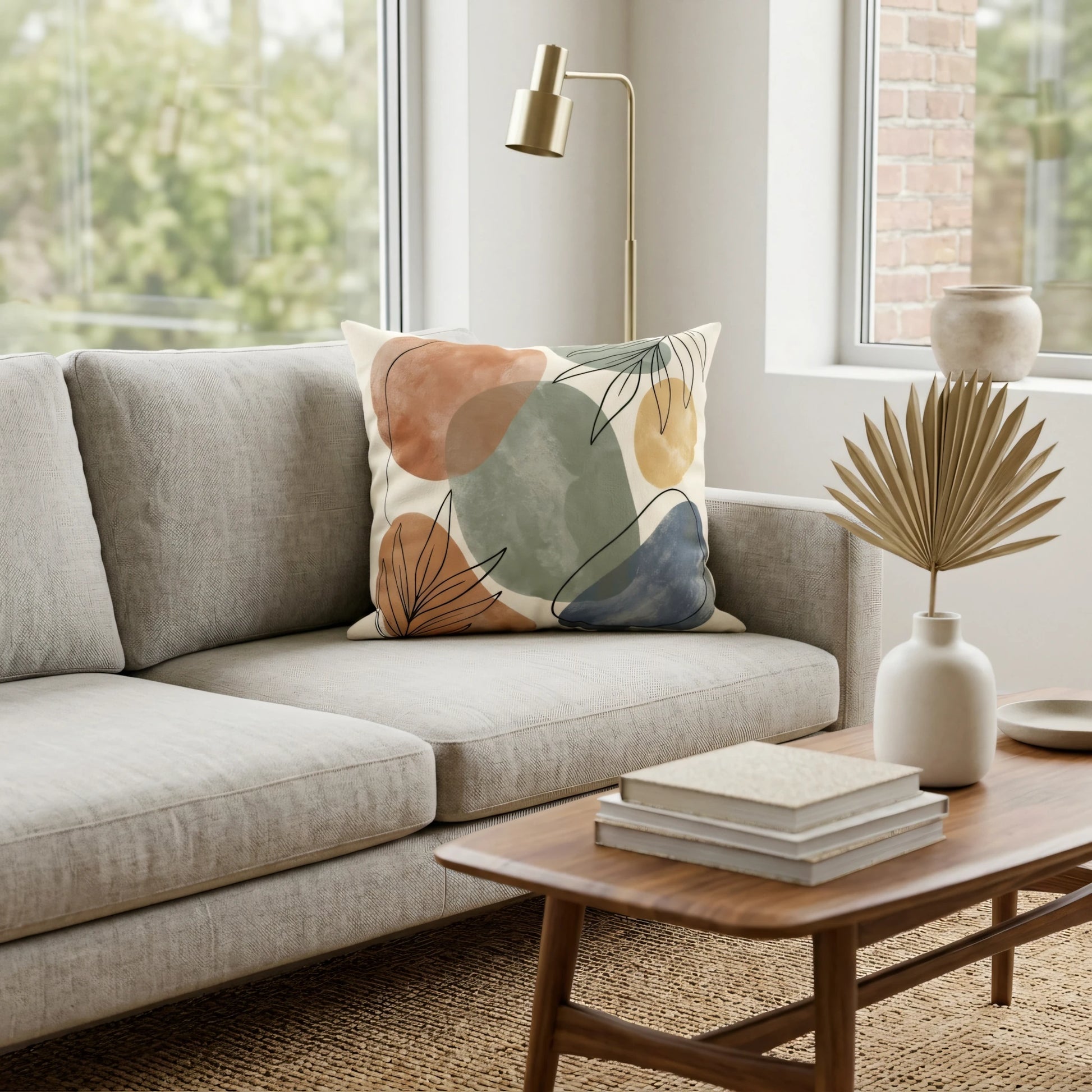 Abstract earth-toned watercolor cushion with botanical line art on a gray sofa in a bright modern living room with a wooden coffee table.