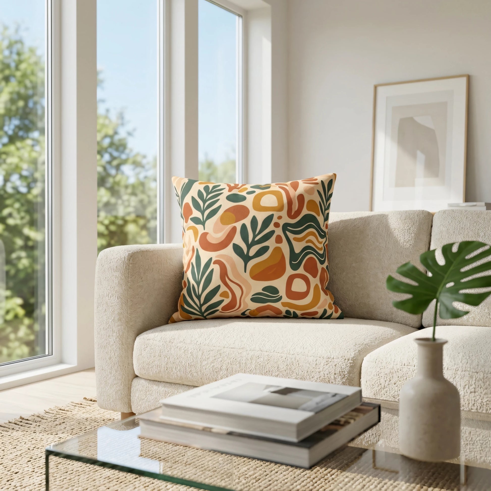 Modern abstract cushion featuring terracotta and green organic shapes on a cozy cream sofa in a sunlit, contemporary living room.
