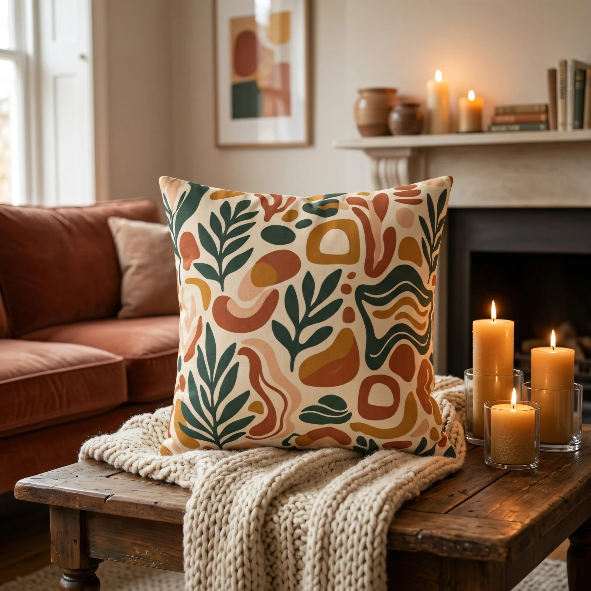 Modern throw pillow with abstract earth-toned botanical patterns on a coffee table with lit candles and a knit blanket in a cozy living room.