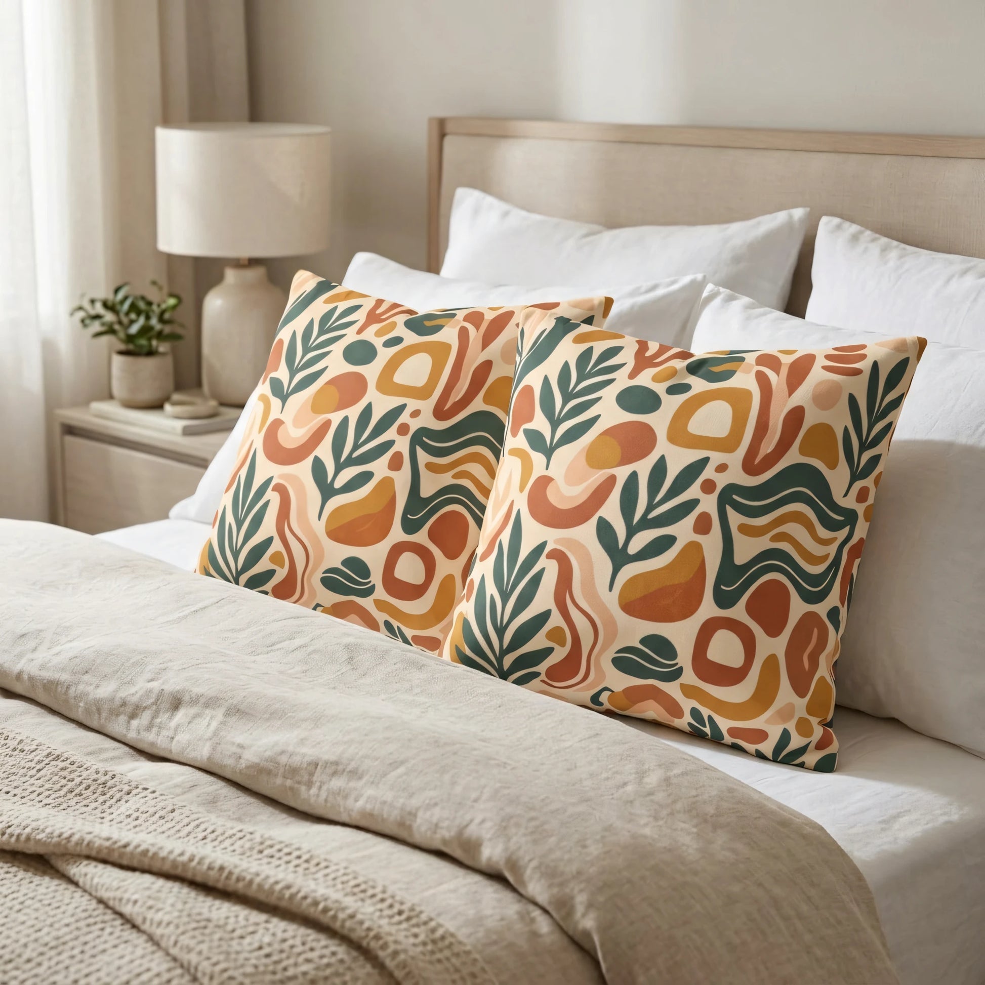 Two decorative pillows with abstract botanical patterns in terracotta and teal on a beige bed, perfect for a cozy and modern bedroom setting.