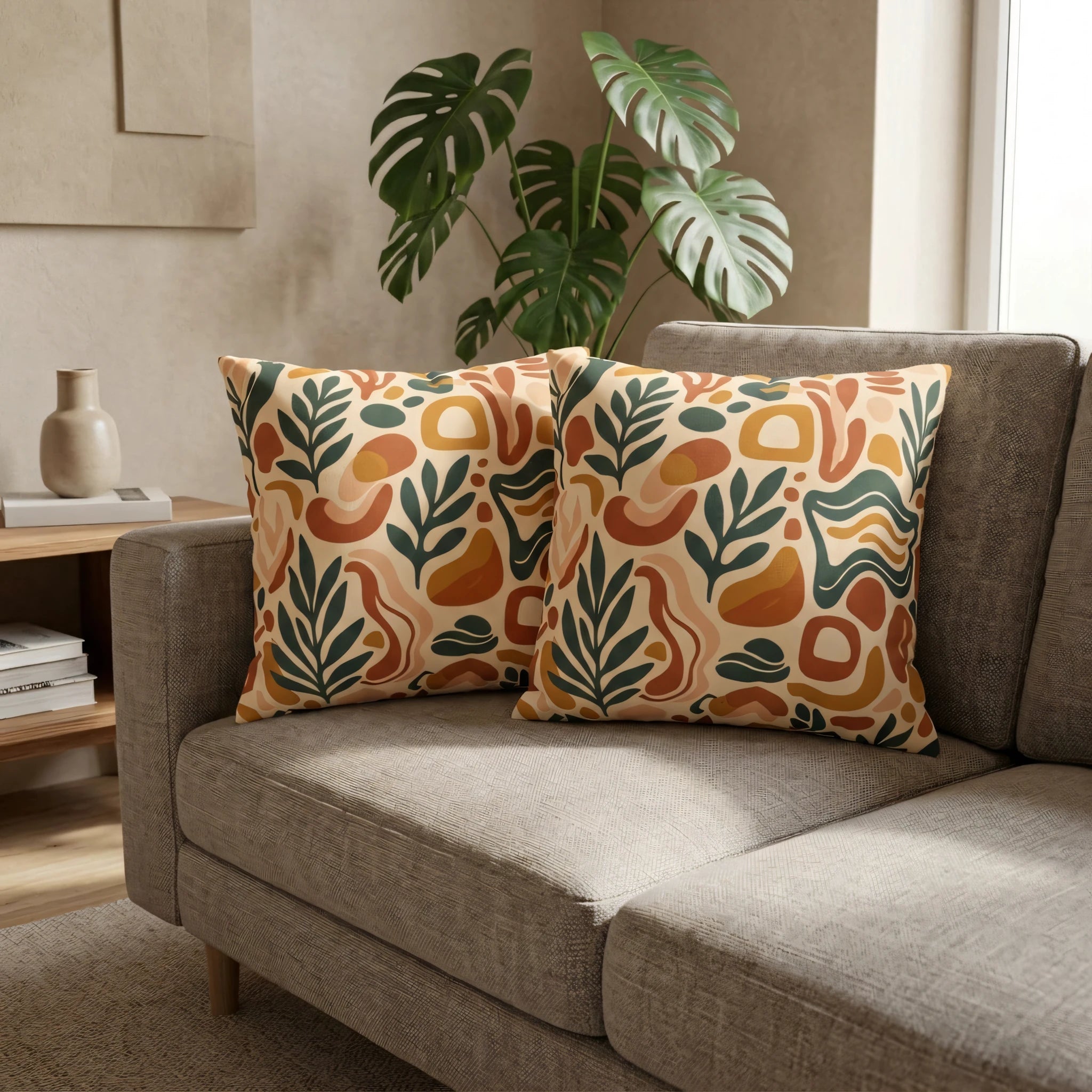 Two decorative throw cushions with earthy botanical abstract patterns on a grey sofa in a modern minimalist living room with soft lighting.