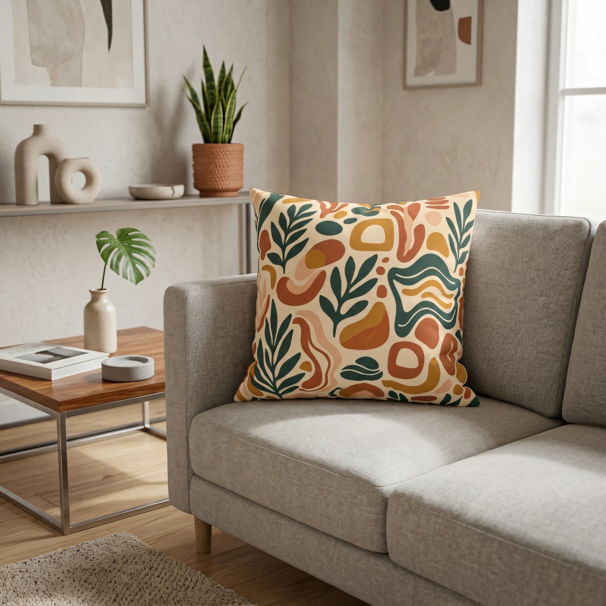 Decorative throw pillow with an abstract botanical pattern in earth tones on a gray sofa in a modern minimalist living room.