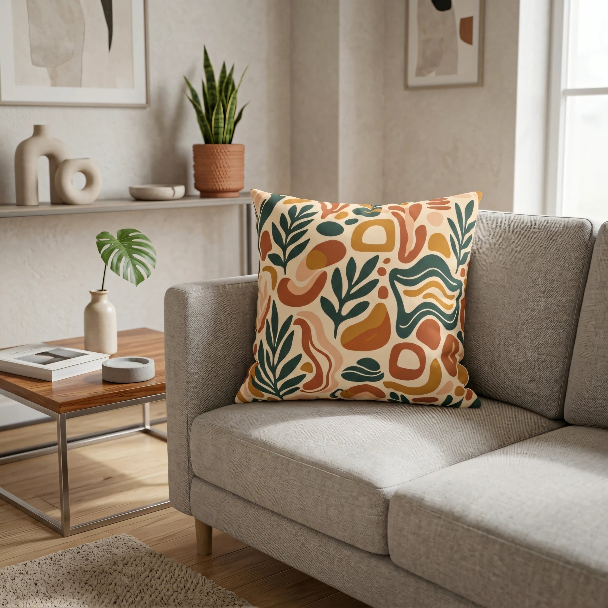 Decorative throw pillow with an abstract botanical pattern in earth tones on a gray sofa in a modern minimalist living room.