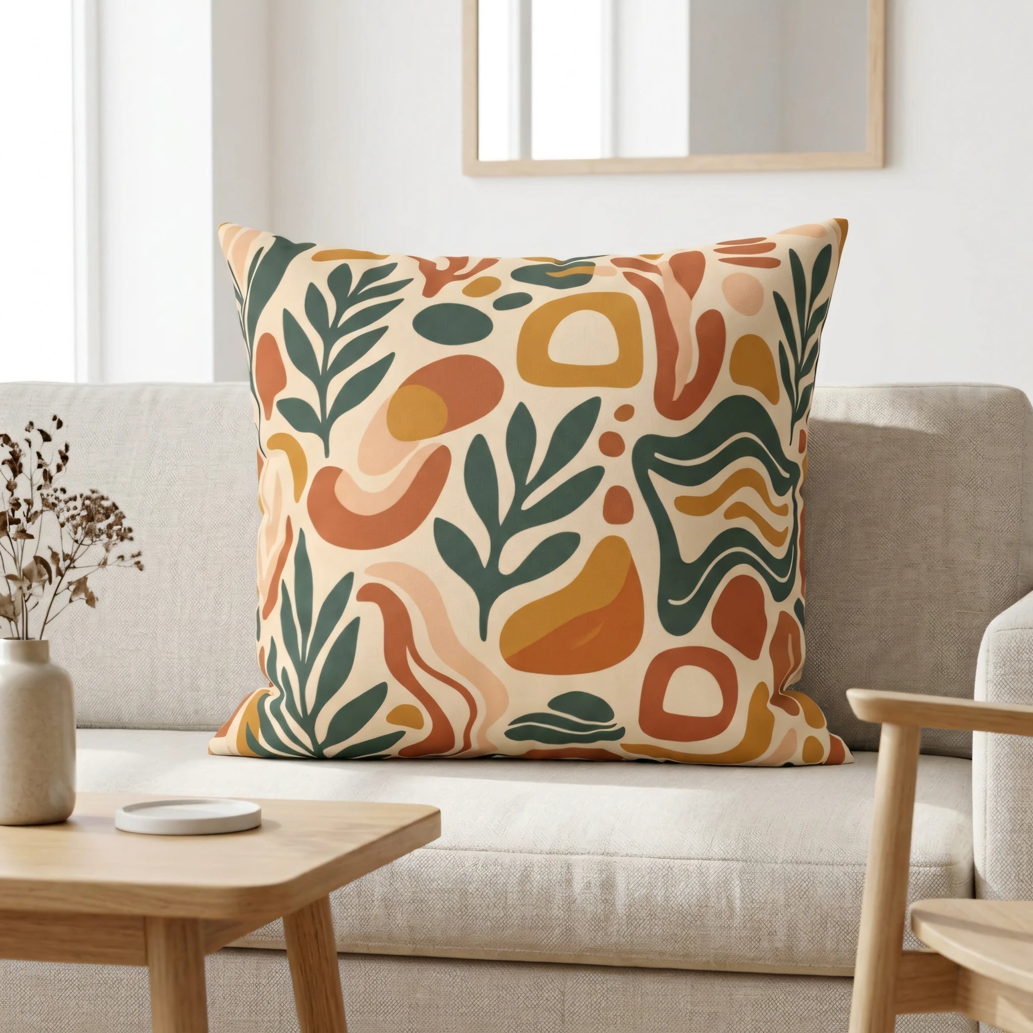 Abstract throw pillow with terracotta and green organic leaf patterns on a beige sofa in a minimalist living room interior lifestyle shot.