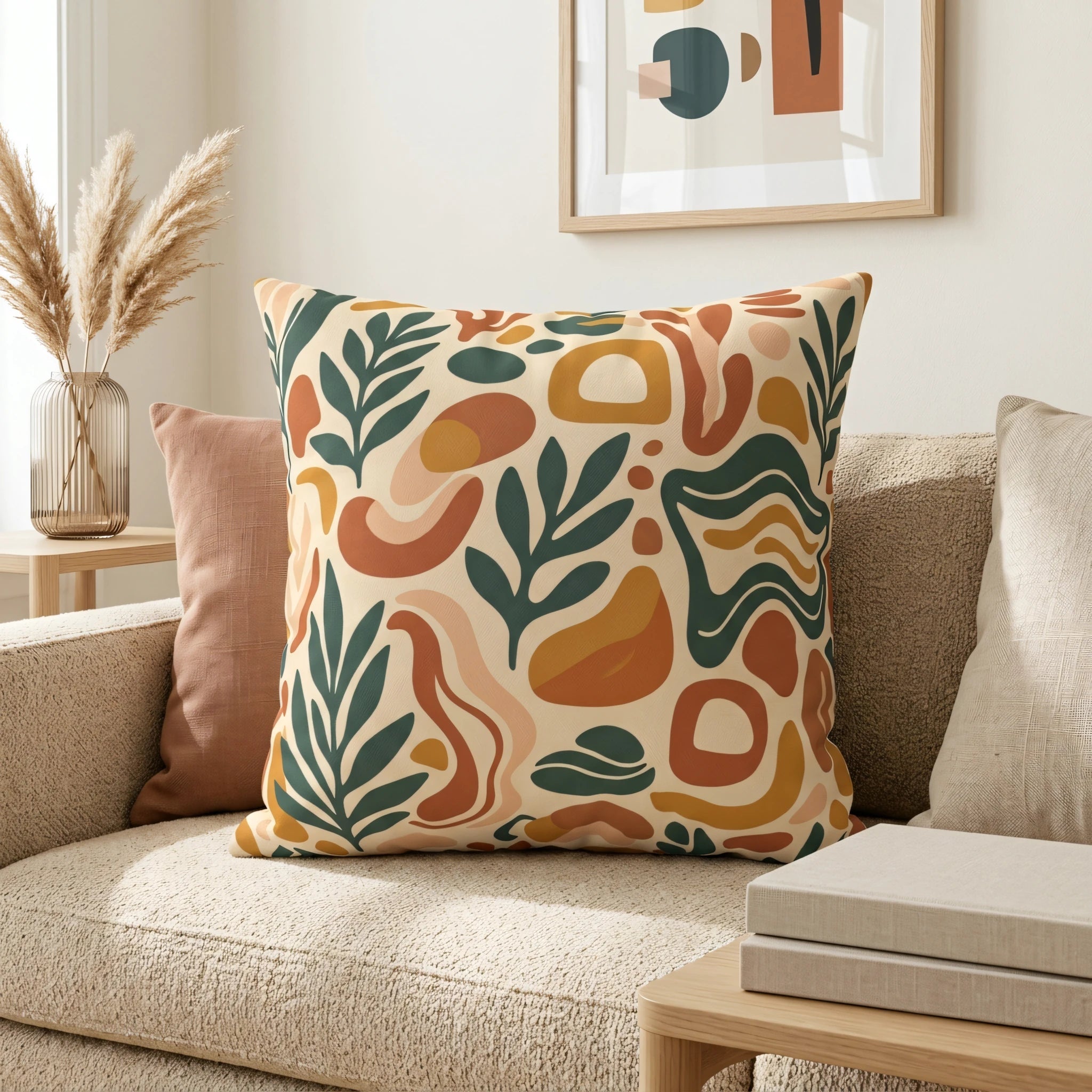 Abstract botanical cushion with terracotta and green patterns on a beige sofa, featuring pampas grass and modern decor in a cozy living room.