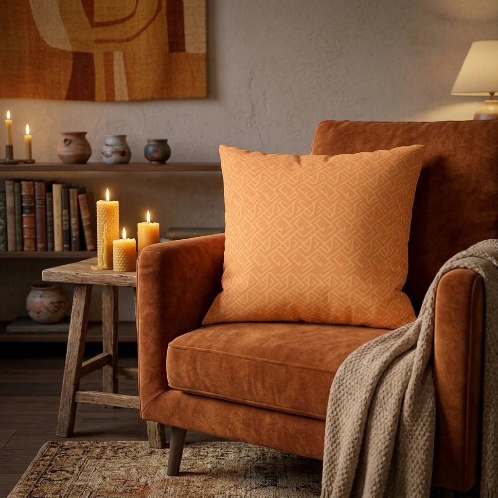 Orange geometric patterned throw pillow on a velvet armchair in a cozy living room setting with warm candles and a blanket.