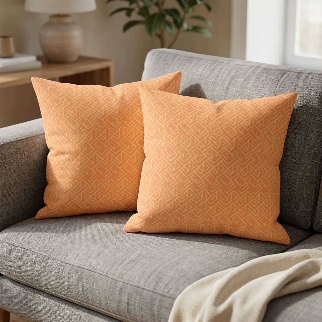Pair of orange throw pillows with a geometric labyrinth pattern on a grey sofa in a cozy living room lifestyle scene.