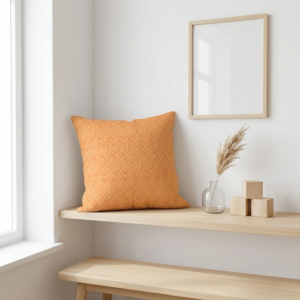 Orange throw pillow with a geometric pattern on a light wood shelf in a minimalist interior setting with a blank frame.