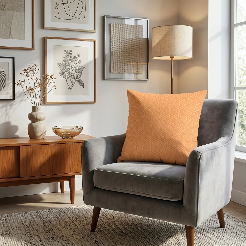 Modern orange throw pillow with a geometric maze pattern on a gray velvet armchair in a stylish living room lifestyle setting.