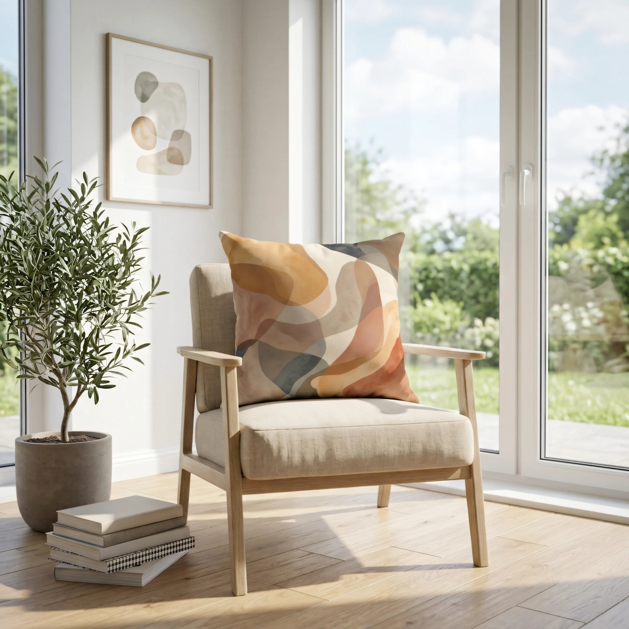 Modern abstract cushion in earthy tones on a wooden armchair in a bright, sunlit room with large windows and a garden view.