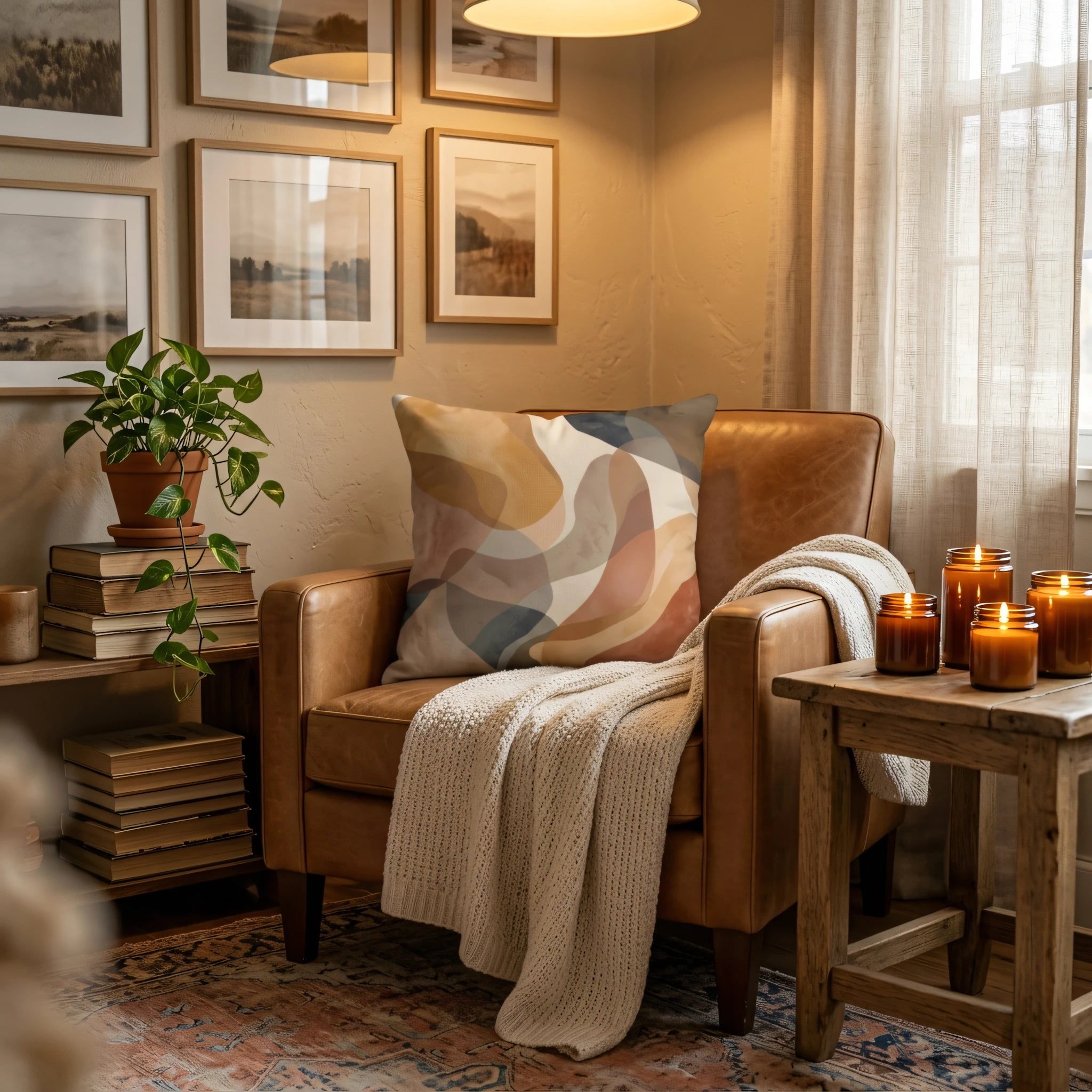 Abstract earth tone cushion on a leather armchair in a cozy reading nook with a knit throw, glowing candles, and framed wall art.