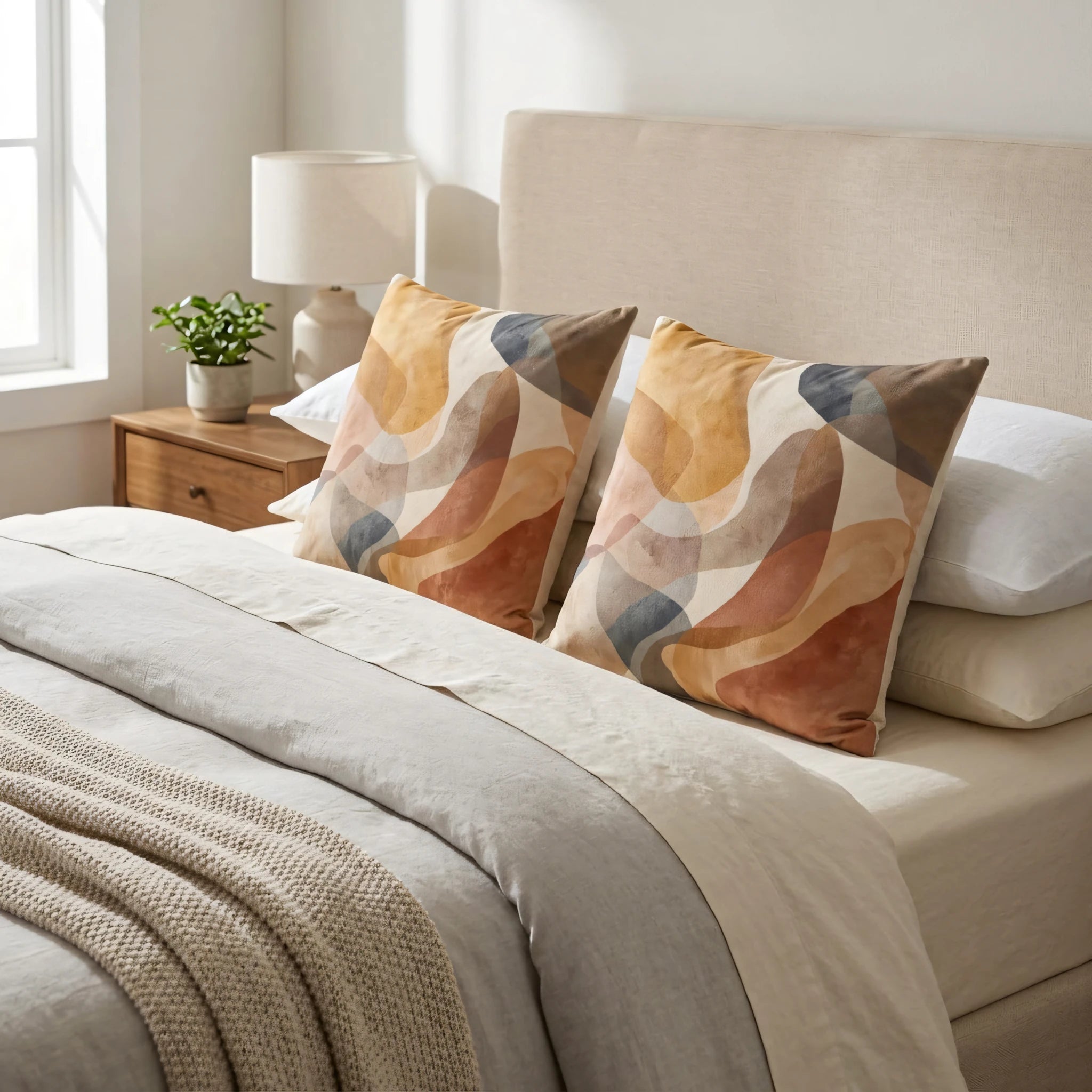 Pair of modern cushions with abstract organic shapes in terracotta, ochre, and navy, styled on a neutral bed in a bright, minimalist bedroom.