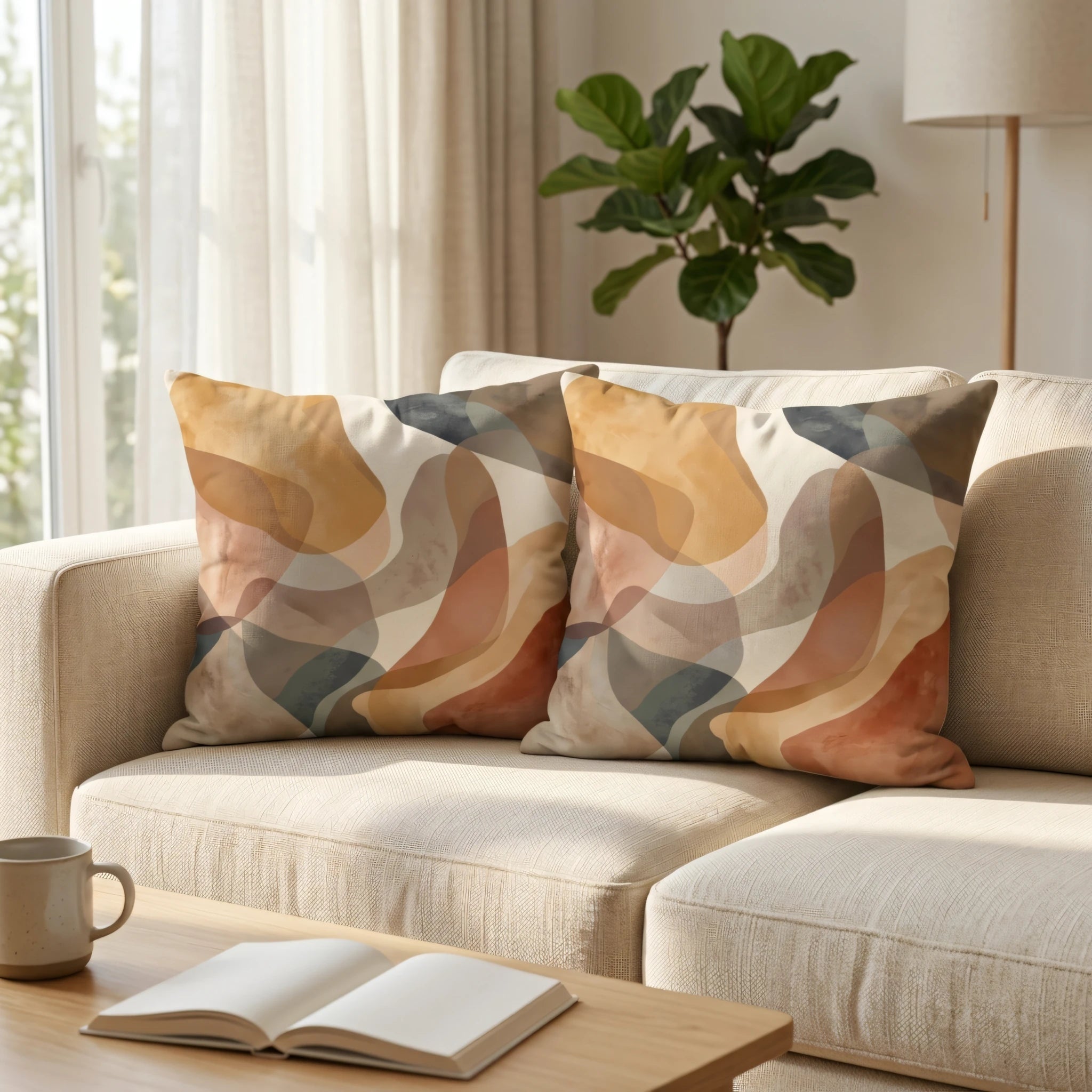 Two decorative cushions with abstract earth-toned patterns on a beige sofa. Features watercolor shapes in terracotta, mustard, and slate blue.