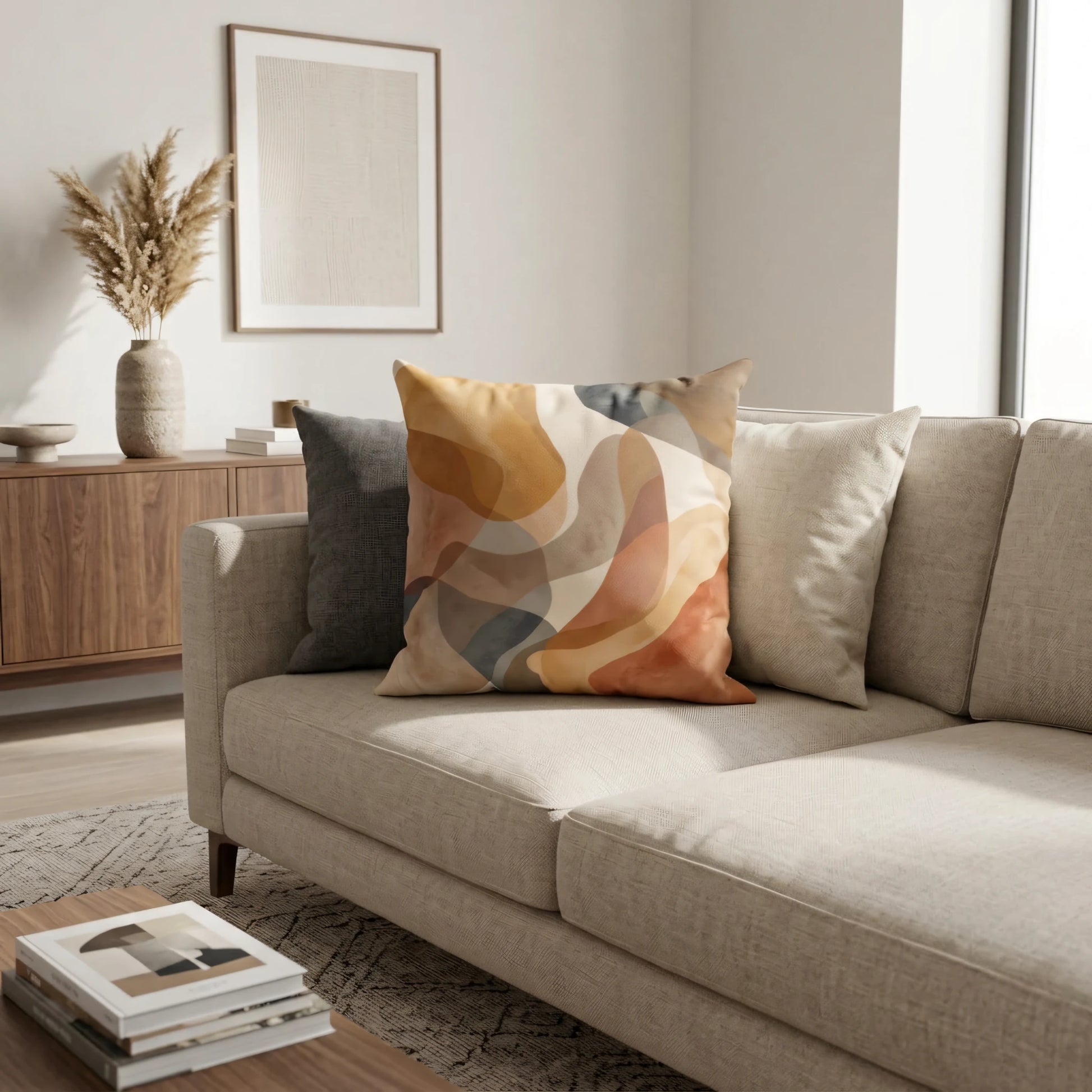 Modern throw pillow with abstract earth-toned shapes on a beige sofa in a minimalist living room setting with natural decor.