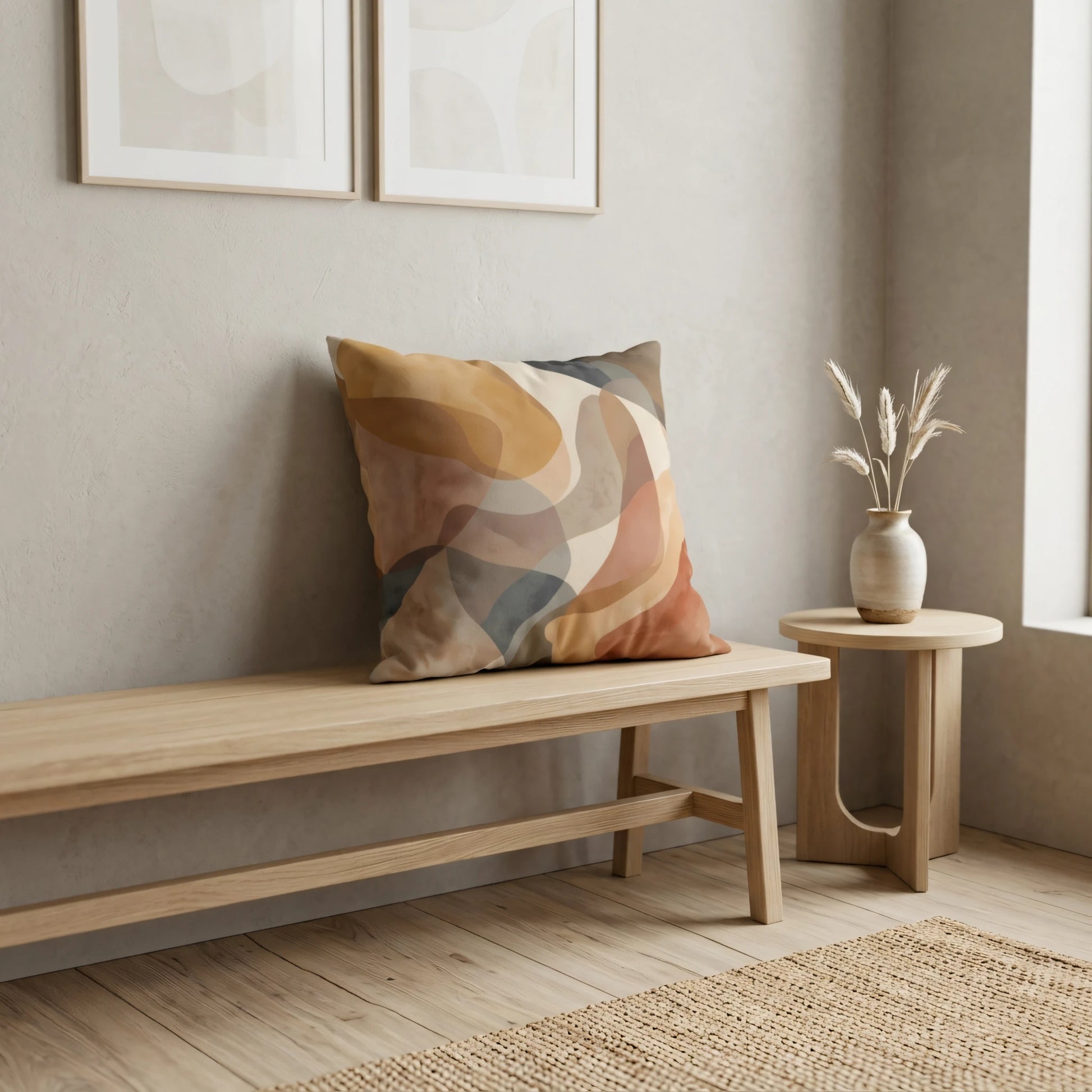 Earthy abstract pattern throw pillow cushion on a light wood bench in a minimalist room with a side table and pampas grass.