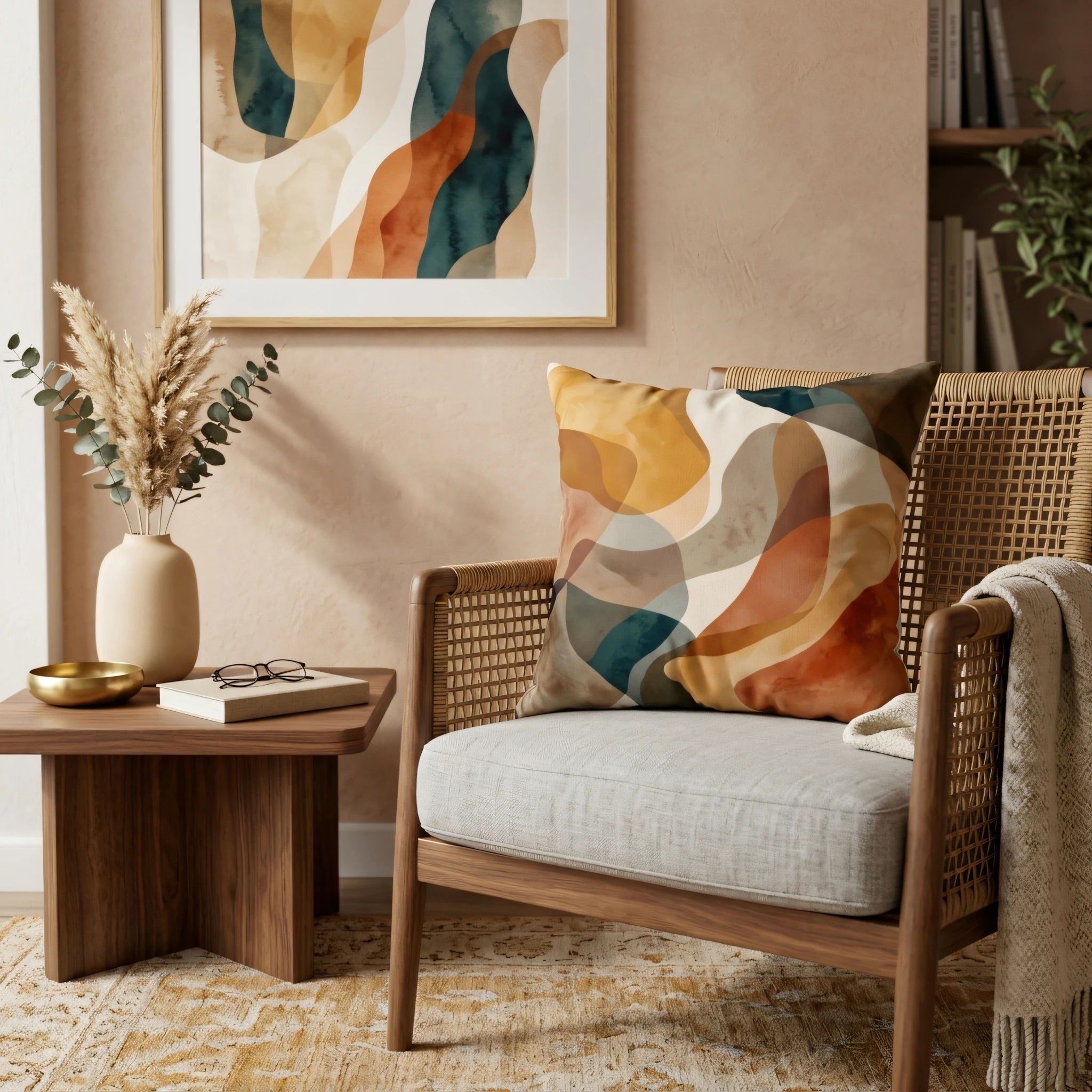 Modern throw pillow with fluid abstract shapes in earthy teal and terracotta, styled on a rattan armchair in a warm bohemian living room.