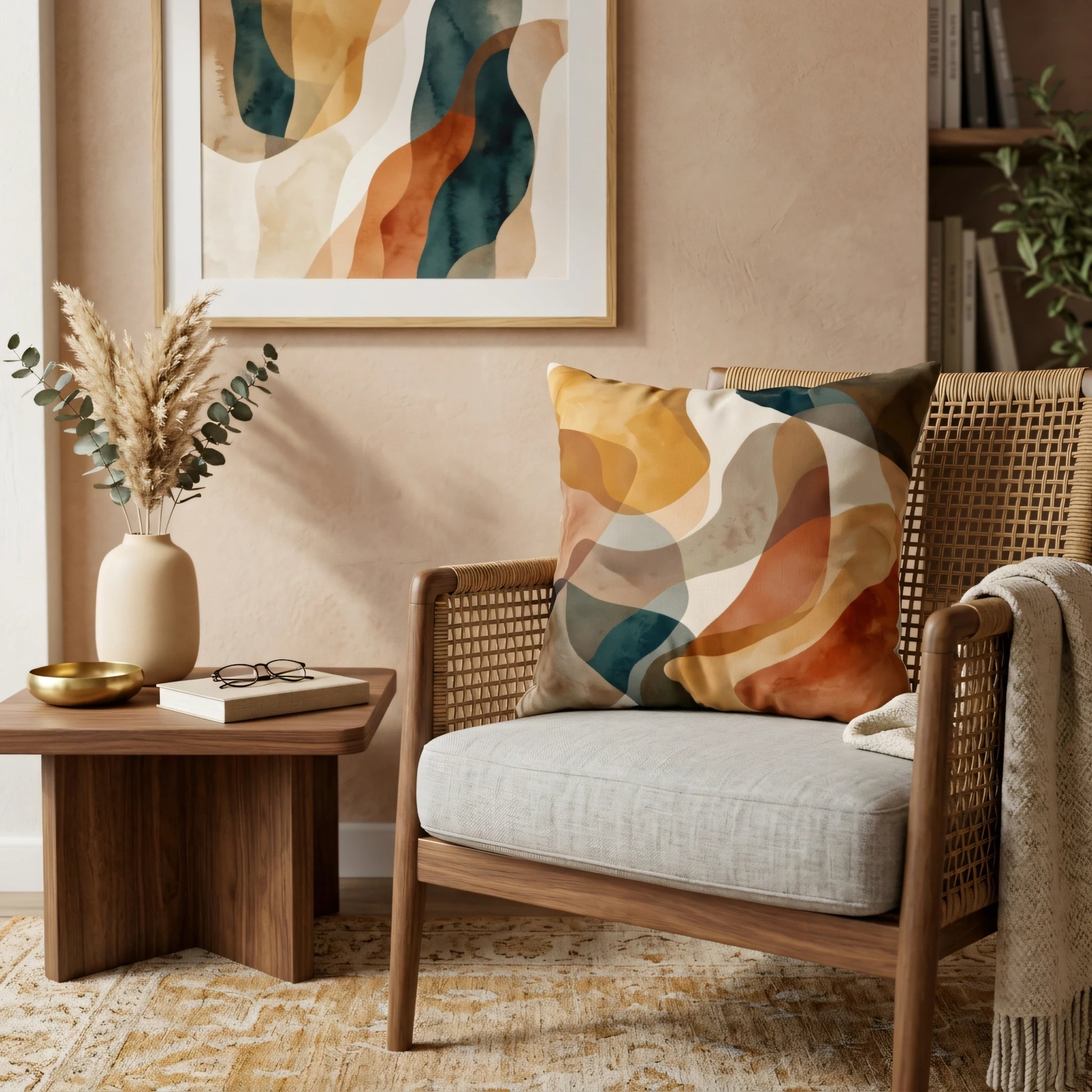 Modern throw pillow with fluid abstract shapes in earthy teal and terracotta, styled on a rattan armchair in a warm bohemian living room.