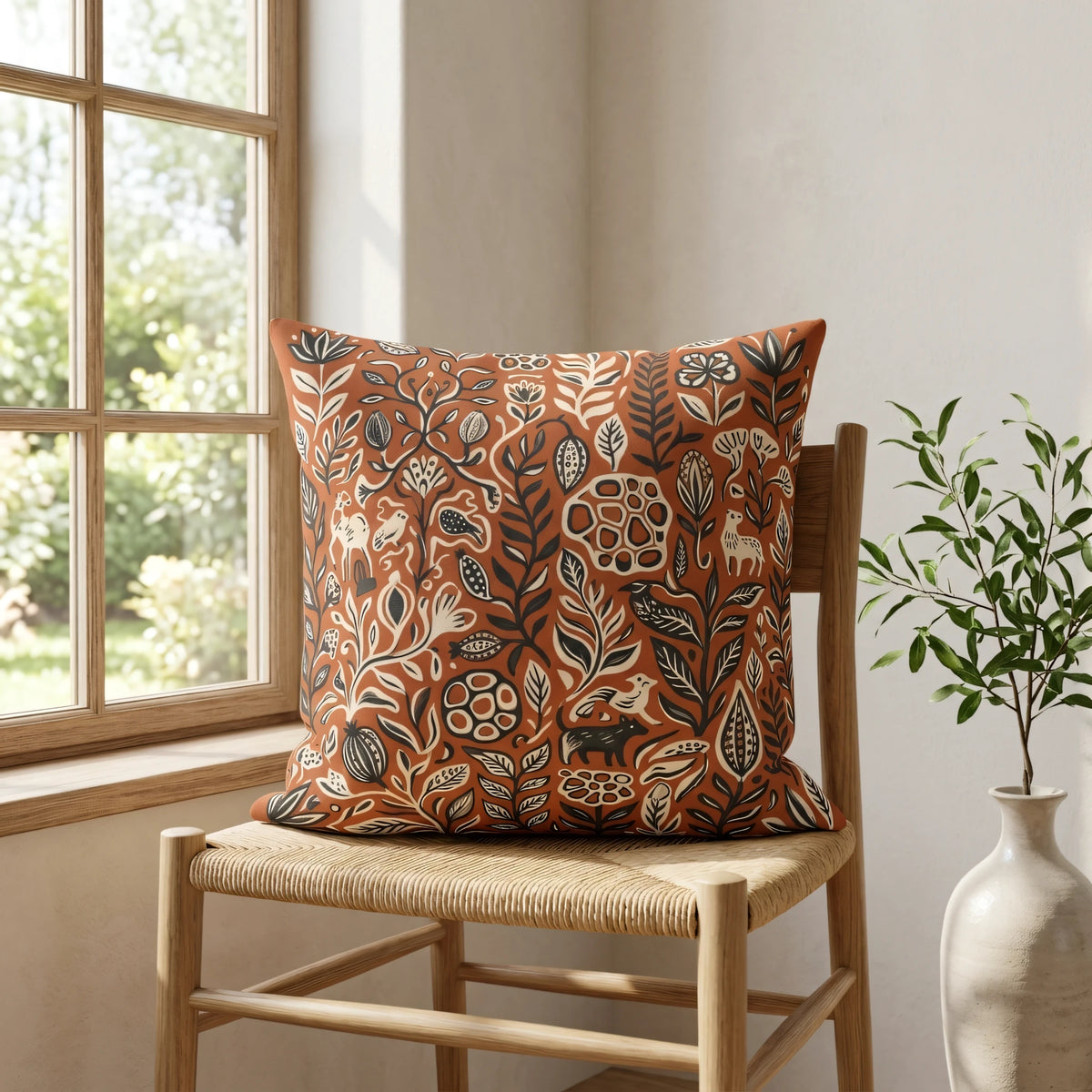 Linocut Illustration Throw Pillow Cover Terracotta and Charcoal, lifestyle view.