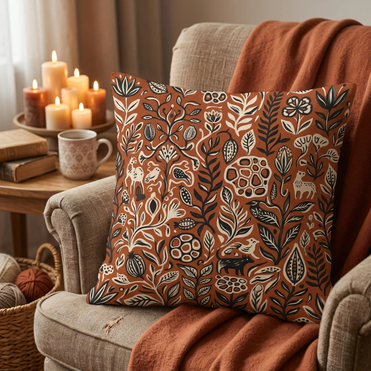 Linocut Illustration Throw Pillow Cover Terracotta and Charcoal, lifestyle view.