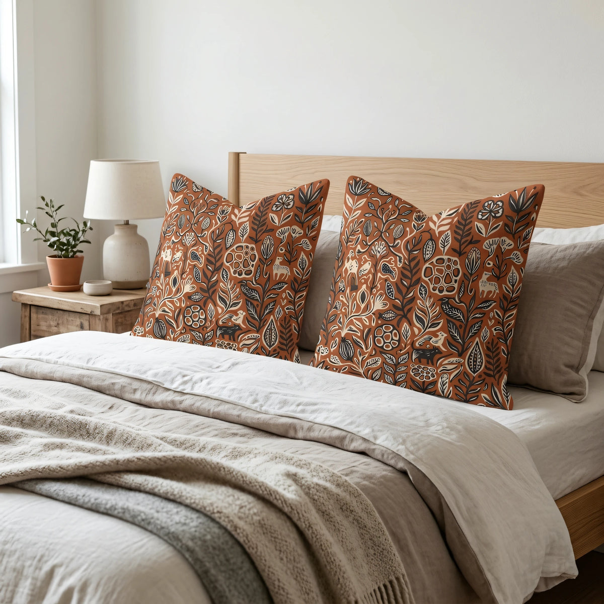 Linocut Illustration Throw Pillow Cover Terracotta and Charcoal, lifestyle view.