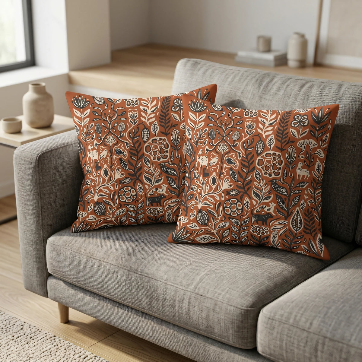 Linocut Illustration Throw Pillow Cover Terracotta and Charcoal, lifestyle view.