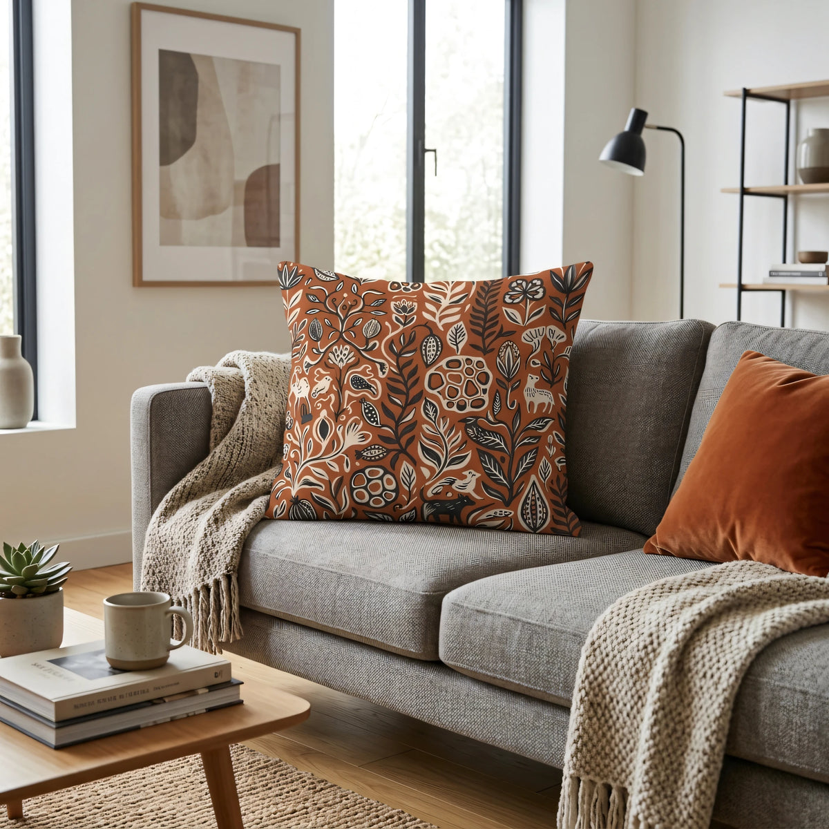 Linocut Illustration Throw Pillow Cover Terracotta and Charcoal, lifestyle view.
