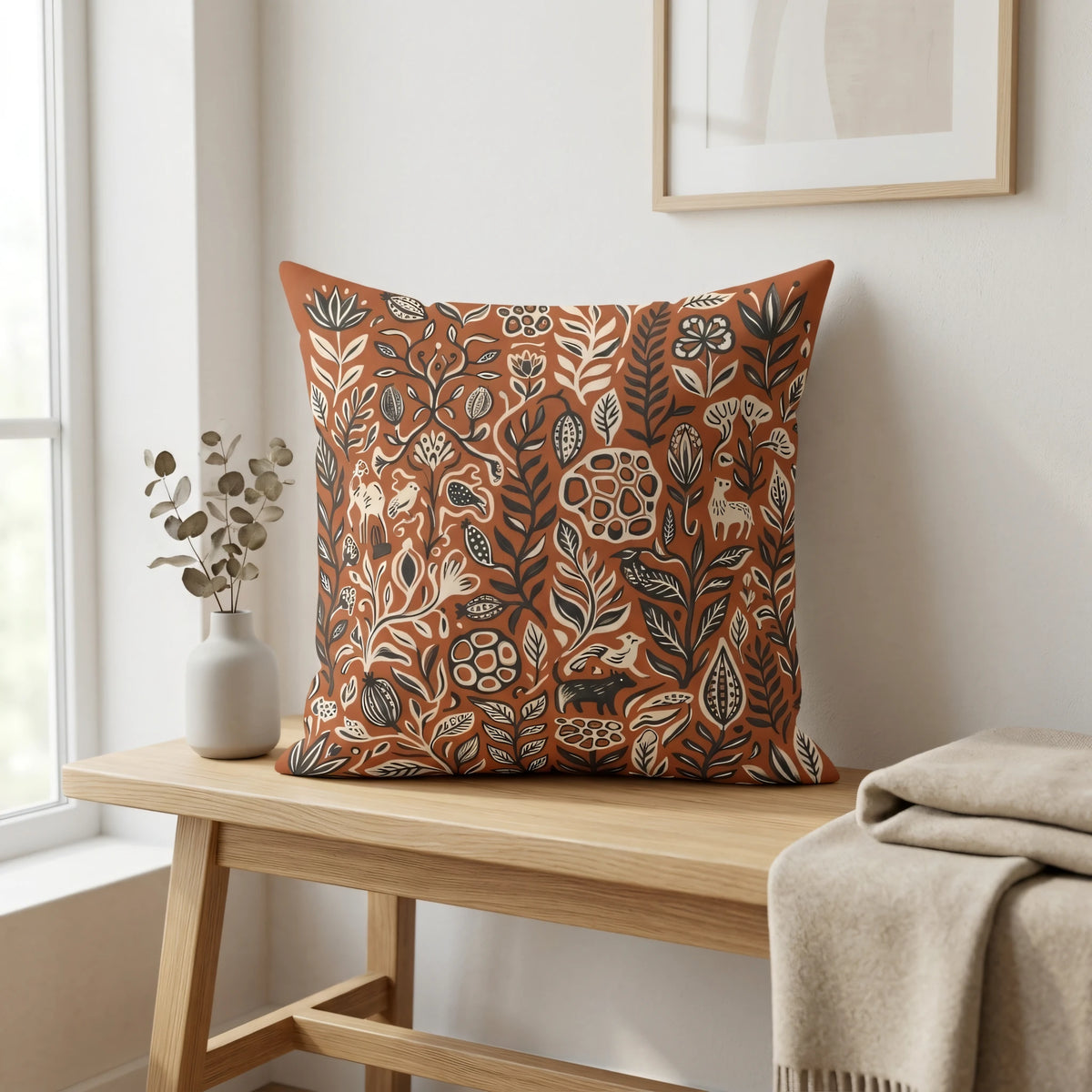Linocut Illustration Throw Pillow Cover Terracotta and Charcoal, lifestyle view.