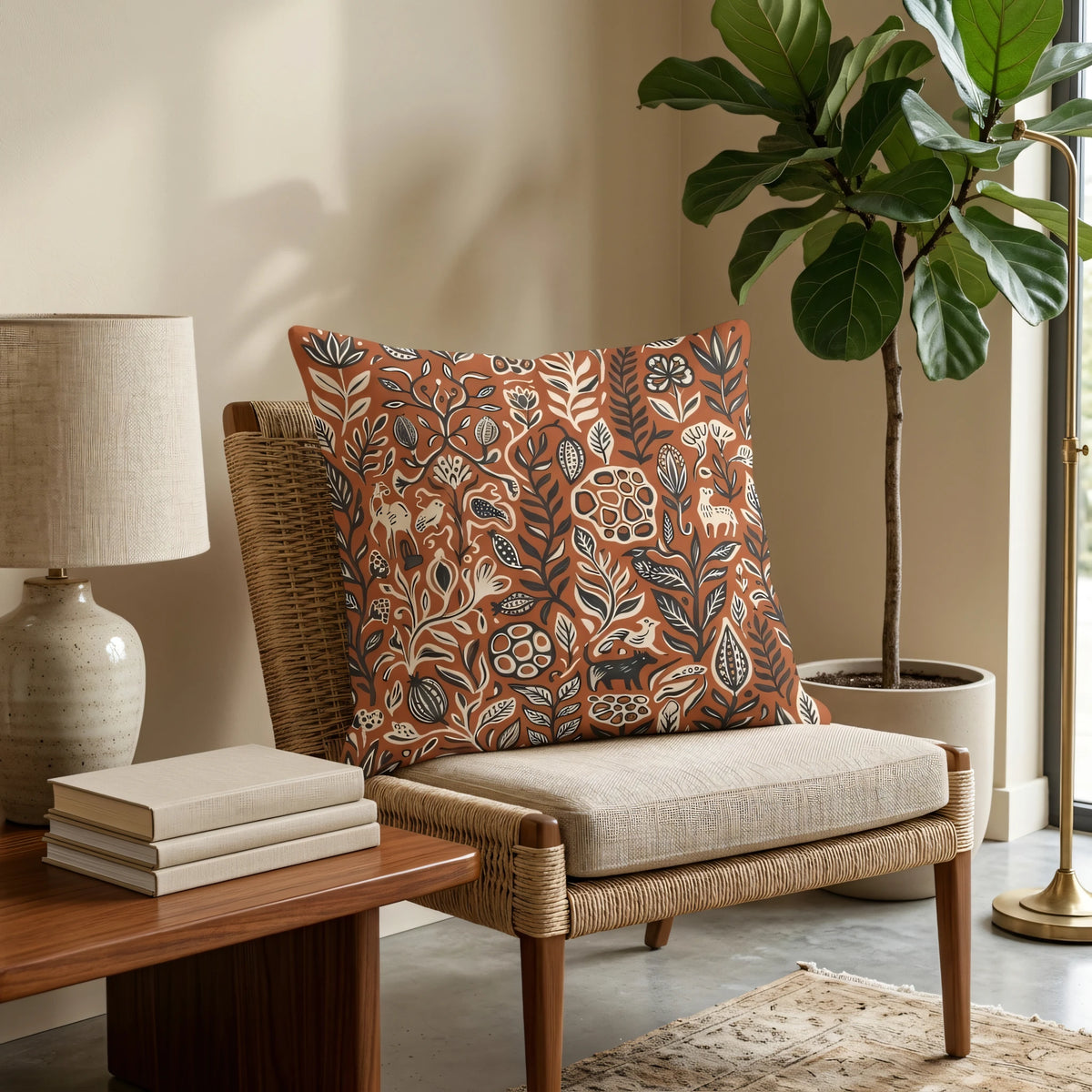Linocut Illustration Throw Pillow Cover Terracotta and Charcoal, lifestyle view.