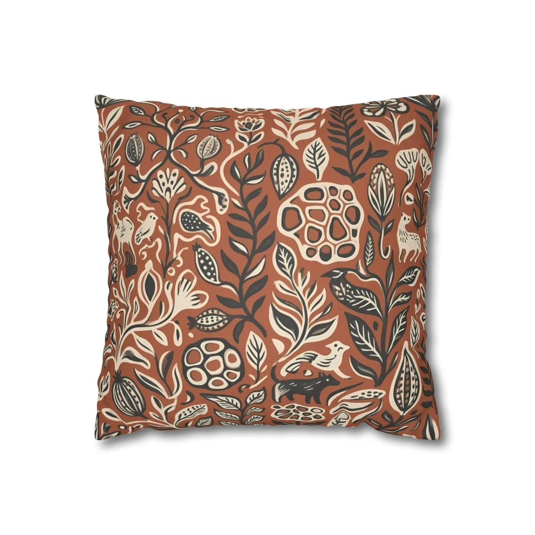 Front view of Linocut Illustration Throw Pillow Cover Terracotta and Charcoal on a white background.