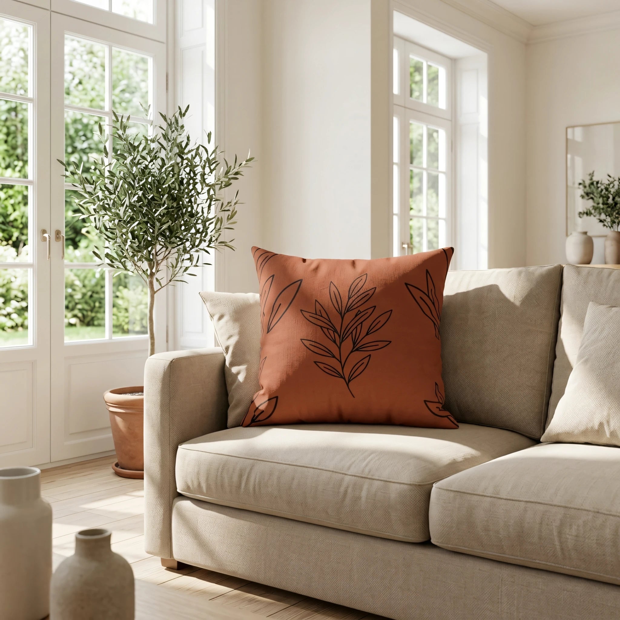 Terracotta throw pillow with a black leaf design on a neutral sofa in a bright, sunlit living room with an olive tree and garden view.