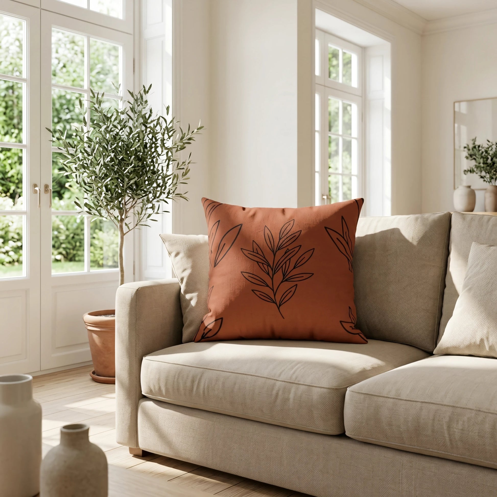 Terracotta throw pillow with a black leaf design on a neutral sofa in a bright, sunlit living room with an olive tree and garden view.