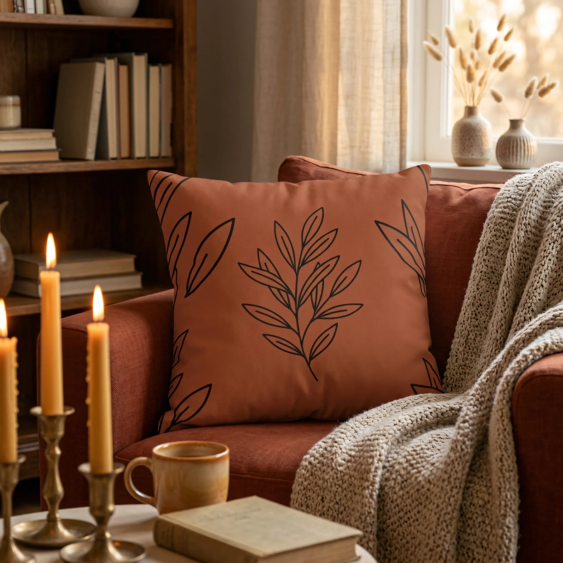 Terracotta decorative pillow with a black botanical leaf print on a cozy armchair, surrounded by warm candles and a soft knit throw blanket.