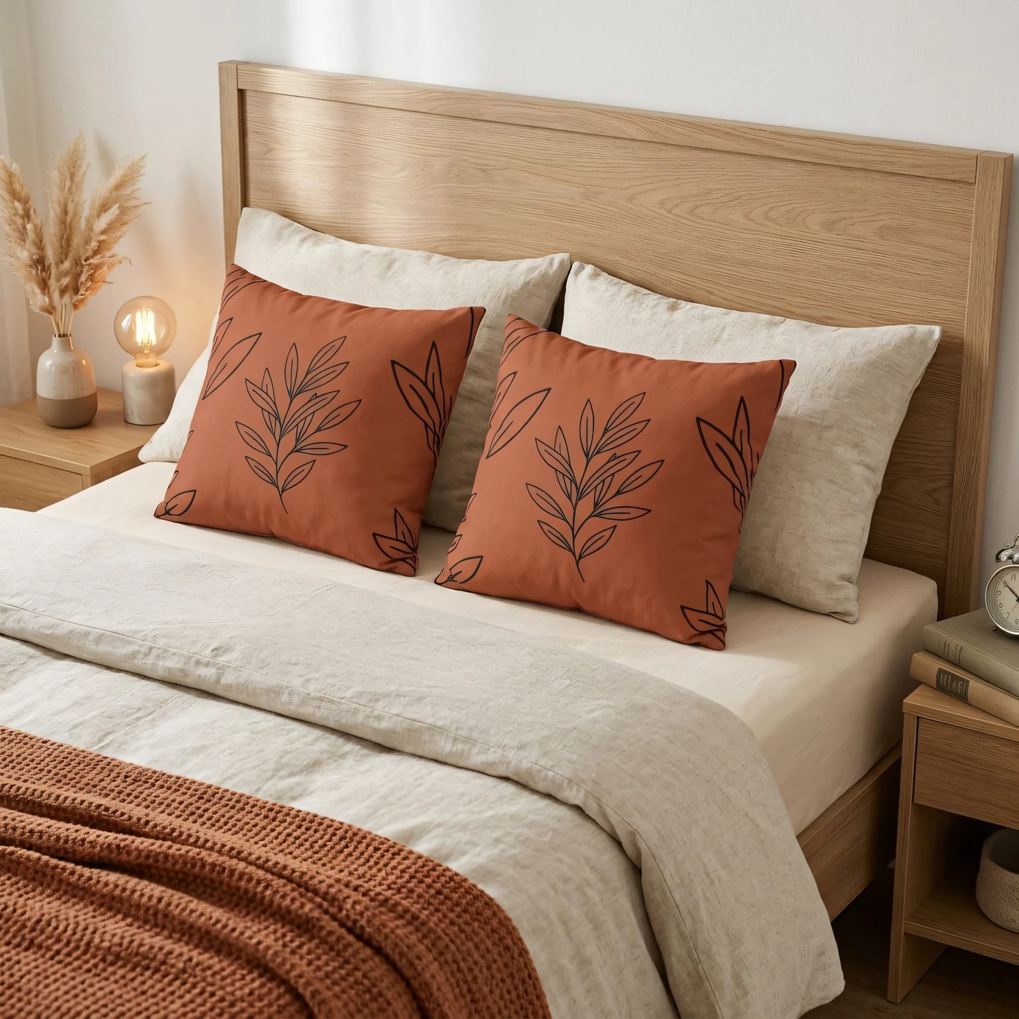Two terracotta cushions with black leaf line art on a neutral bed with a wood headboard and rust knit throw in a cozy, modern bedroom scene.