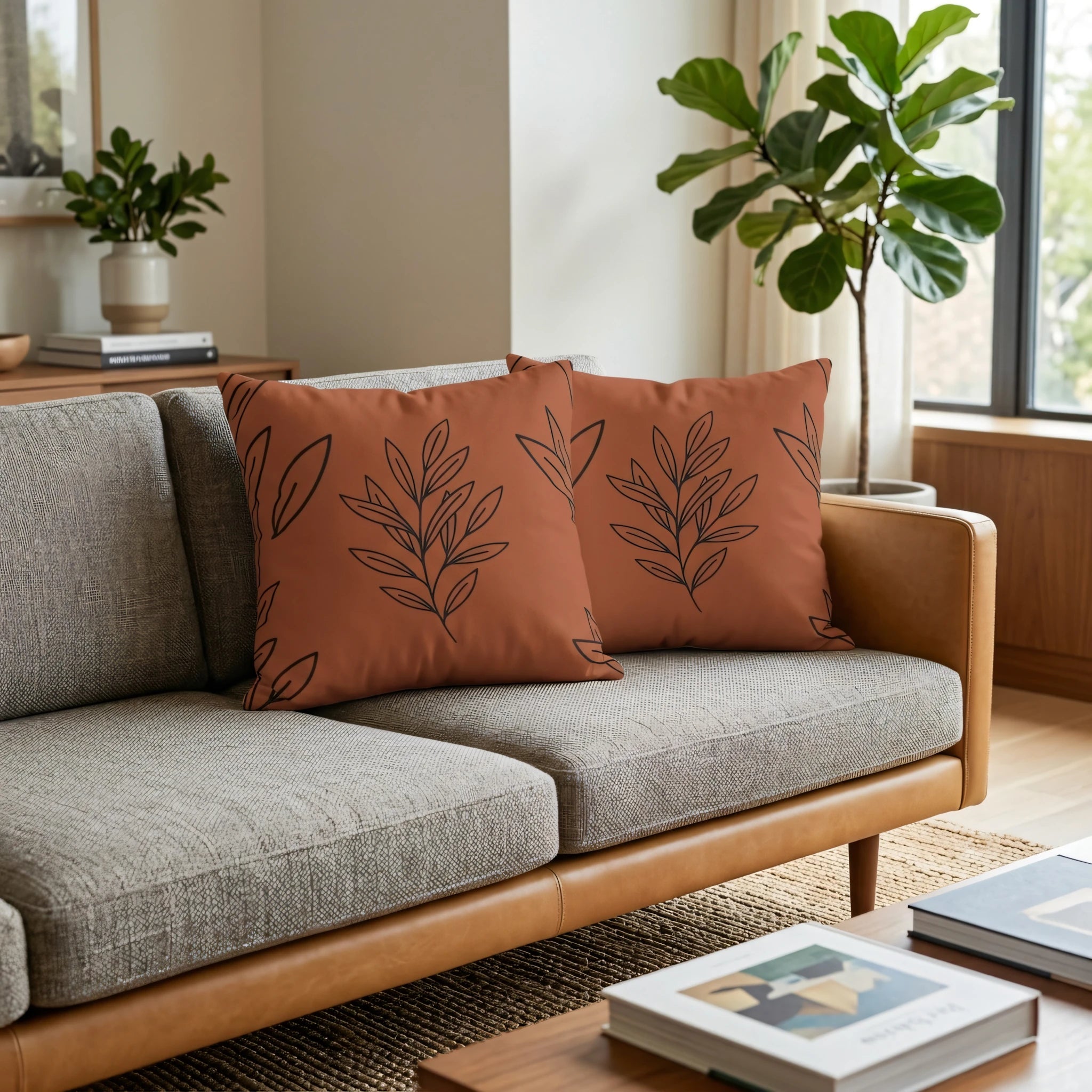 Burnt orange throw pillows with black leaf patterns on a modern gray sofa in a cozy living room, minimalist home decor scene.