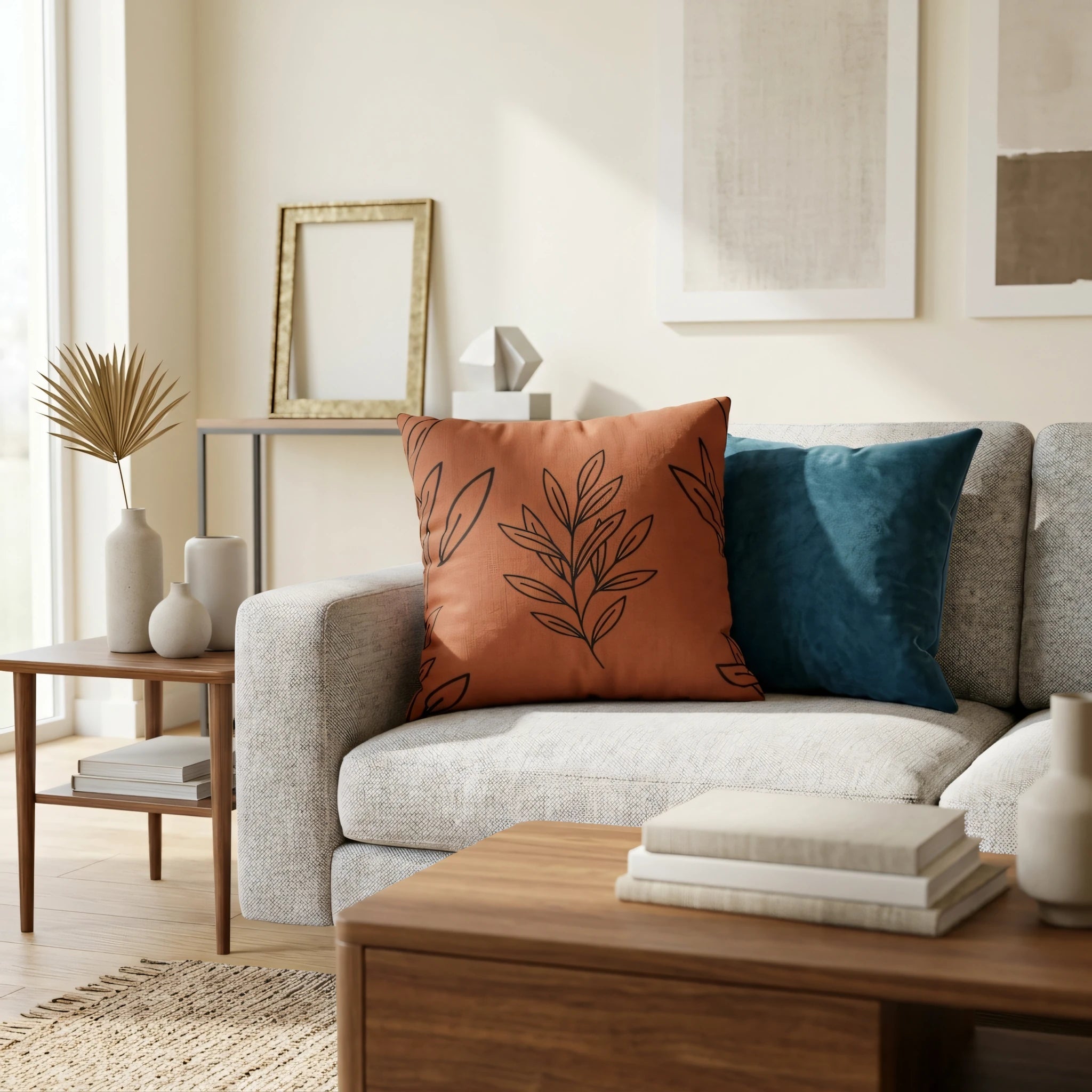 Terracotta cushion with a black leaf botanical design on a gray sofa in a bright modern living room setting with a blue accent pillow.