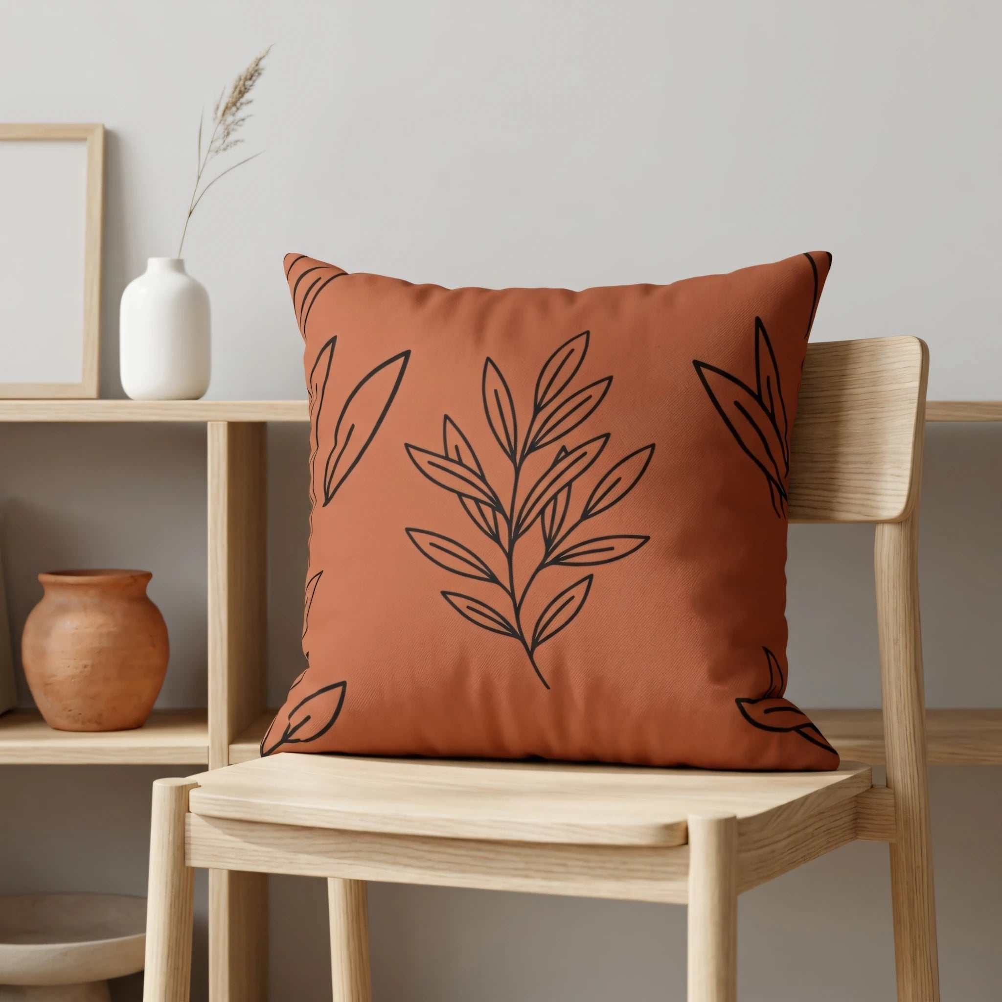 Minimalist terracotta cushion with a black leaf pattern on a light wood chair, styled in a modern room with earthy pottery and natural accents.