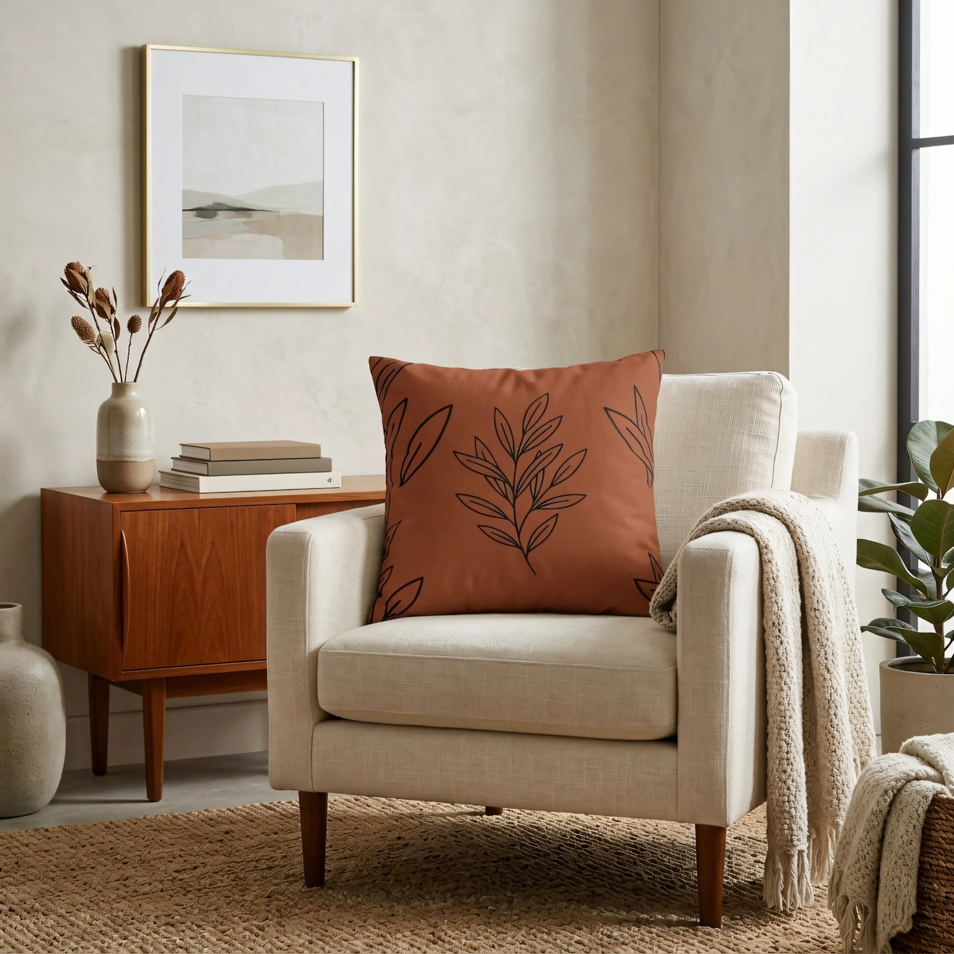 Terracotta throw pillow with black leaf line art design on a beige armchair in a minimalist living room setting.