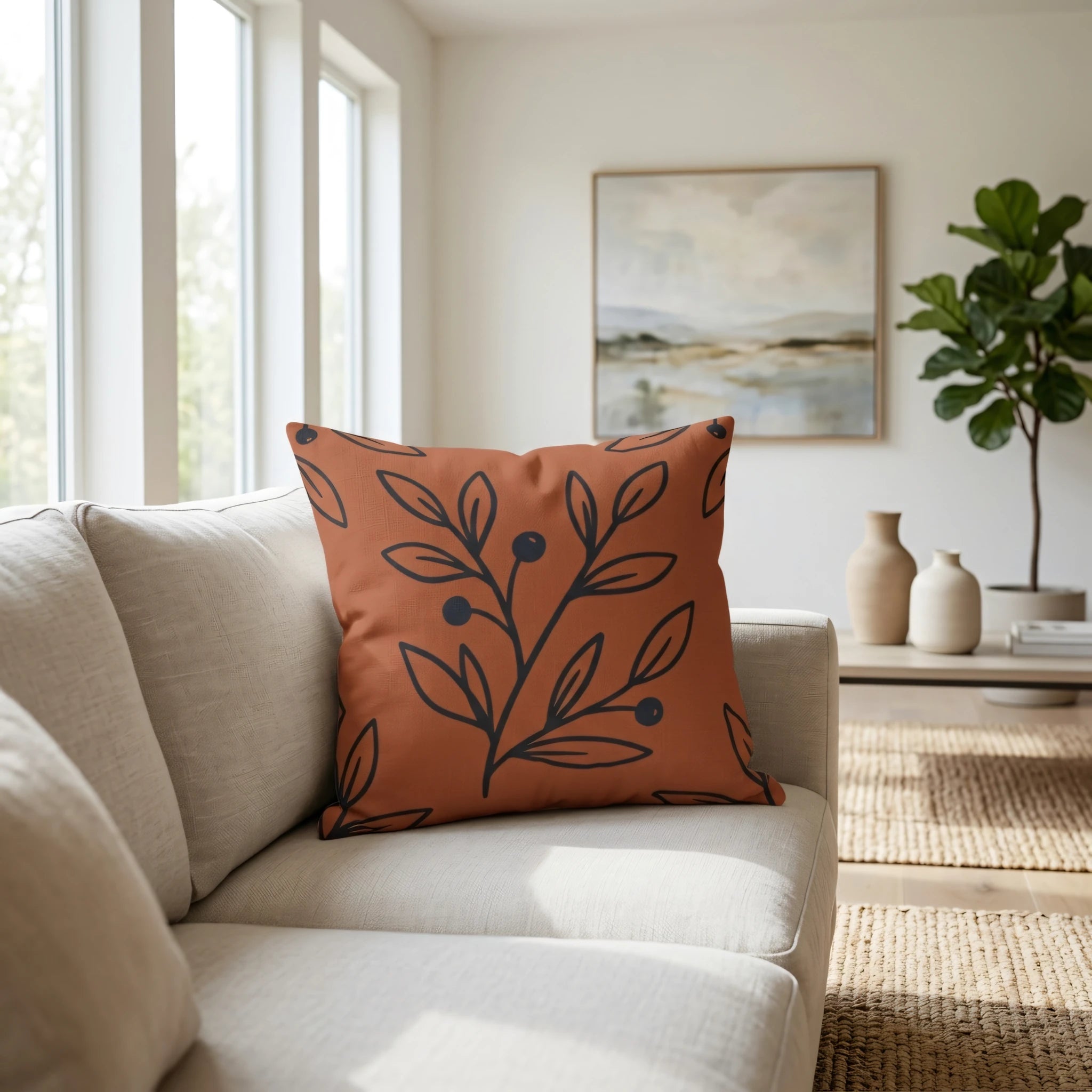 Terracotta cushion with black botanical leaf print on a beige sofa in a bright, sunlit living room with modern minimalist decor.