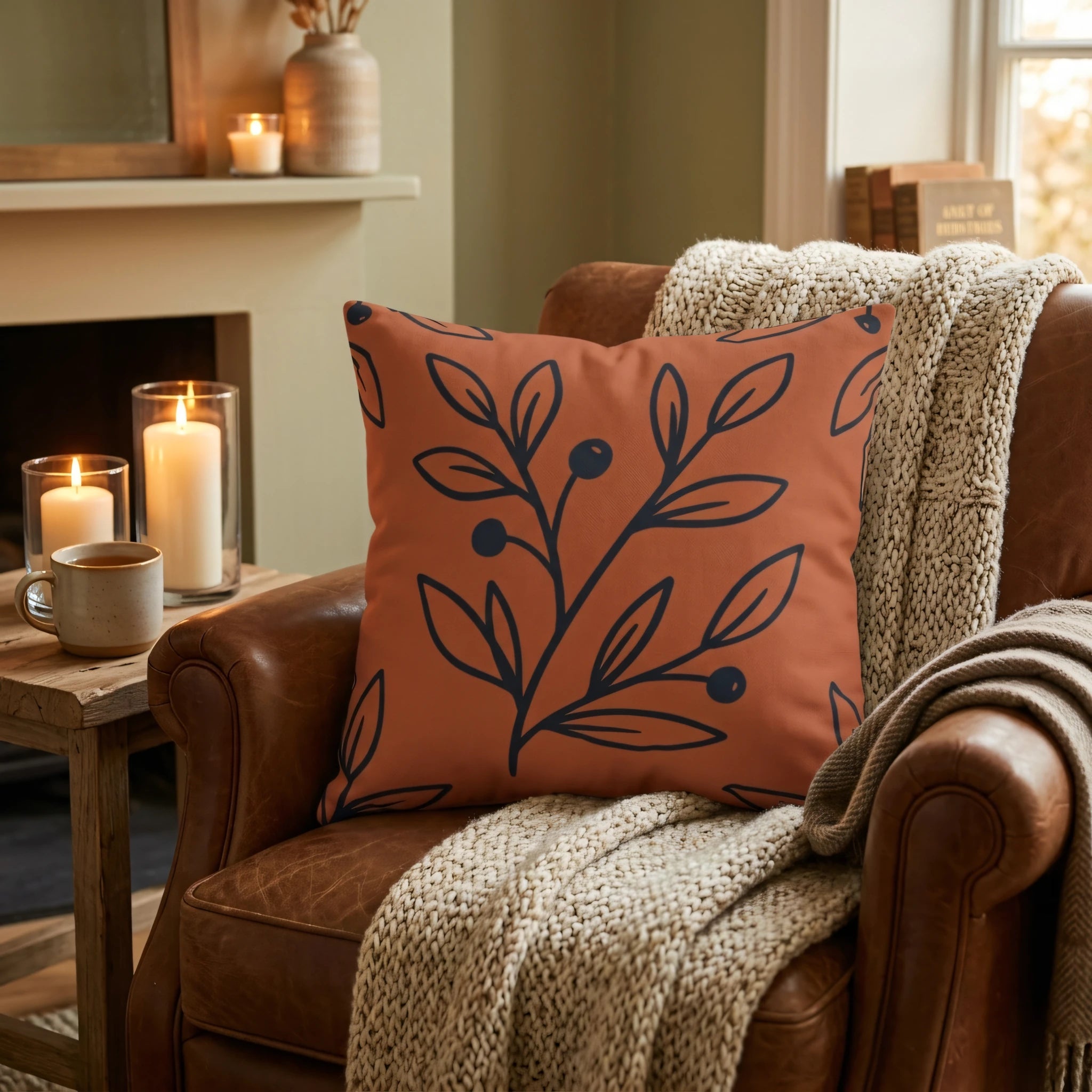 Terracotta cushion with navy leaf pattern on a leather chair in a cozy living room setting with soft blankets and warm candlelight.