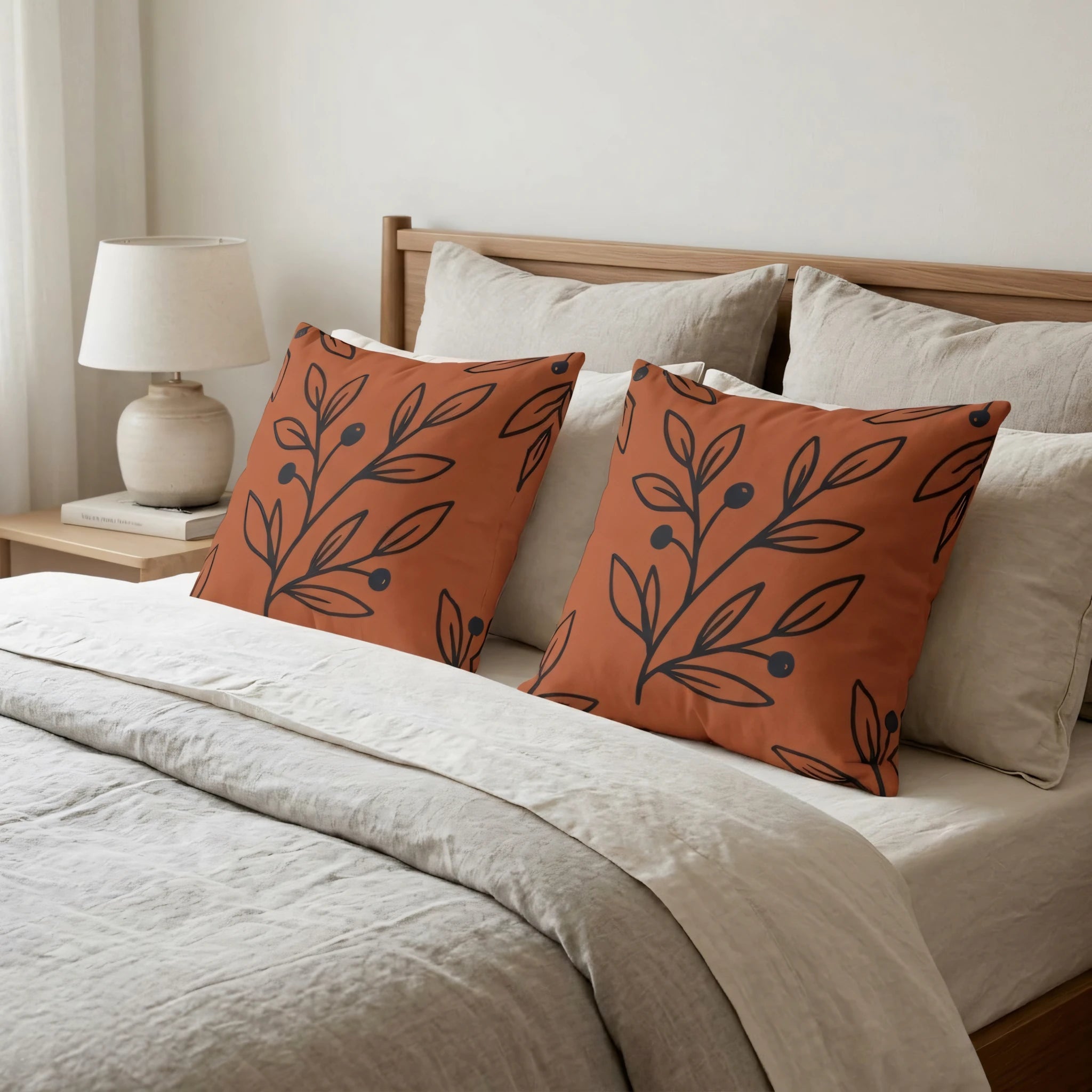 Two burnt orange cushions with a black botanical branch pattern on a bed with neutral bedding and a wooden headboard in a cozy bedroom.